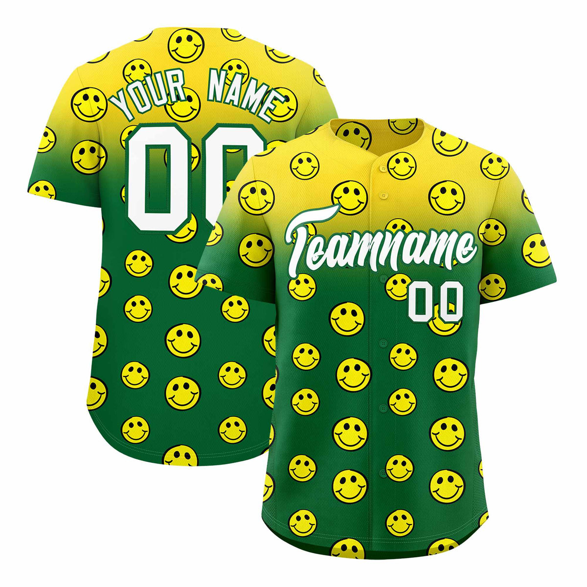 Custom Gold Kelly Green Graffiti Gradient Pattern Authentic Smile Baseball Jersey