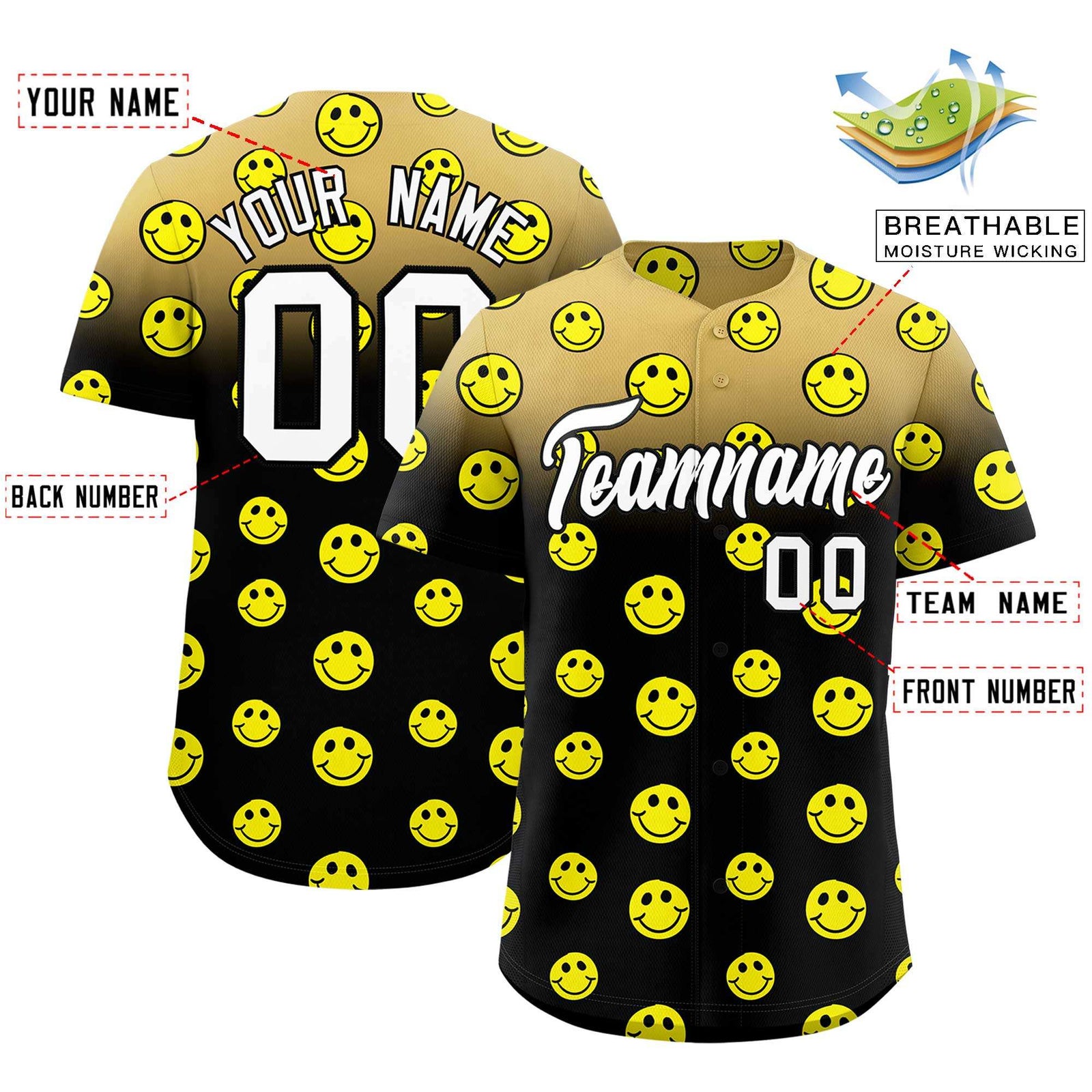 Custom Old Gold Black Graffiti Gradient Pattern Authentic Smile Baseball Jersey