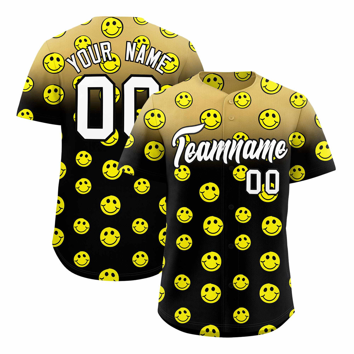 Custom Old Gold Black Graffiti Gradient Pattern Authentic Smile Baseball Jersey