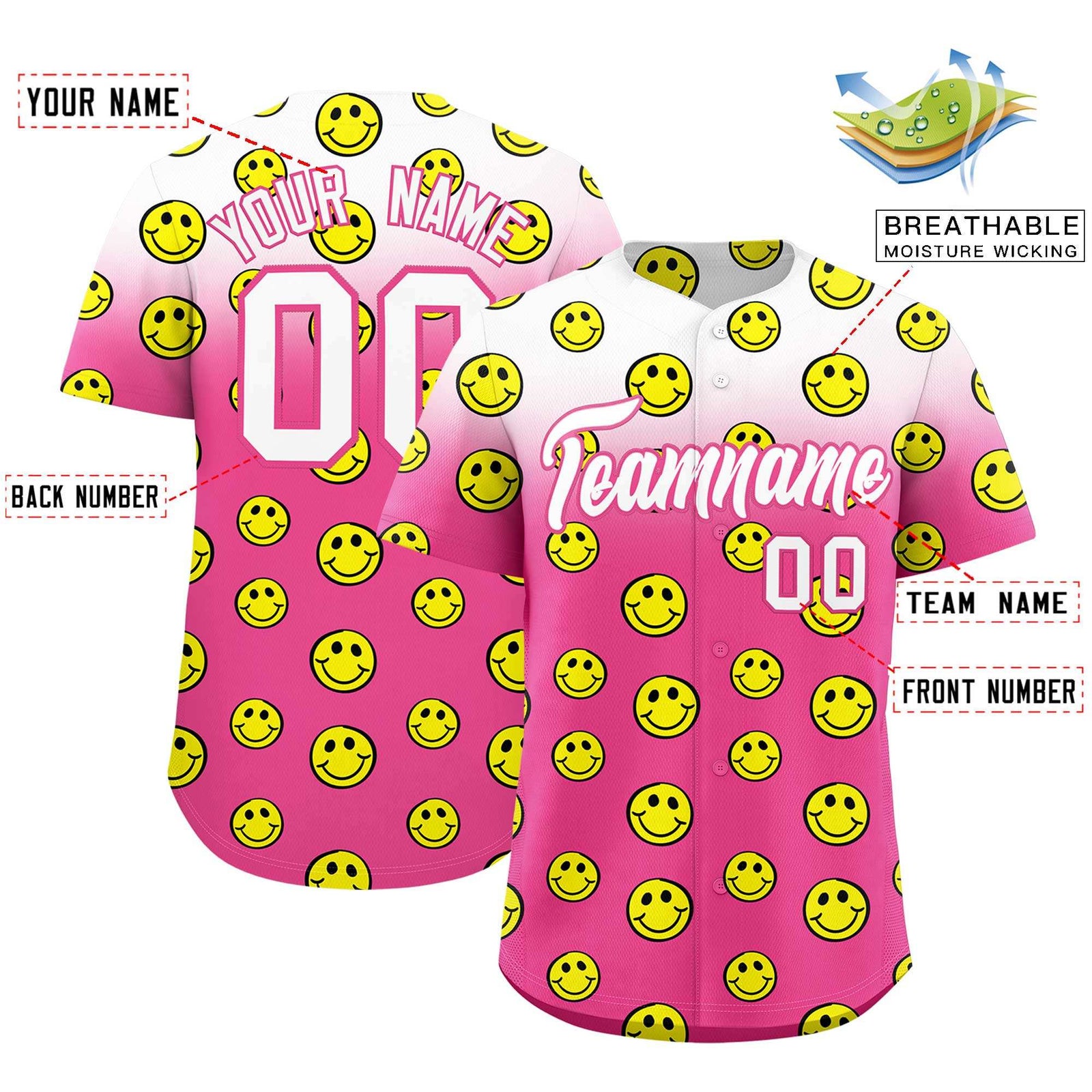 Custom White Pink Graffiti Gradient Pattern Authentic Smile Baseball Jersey