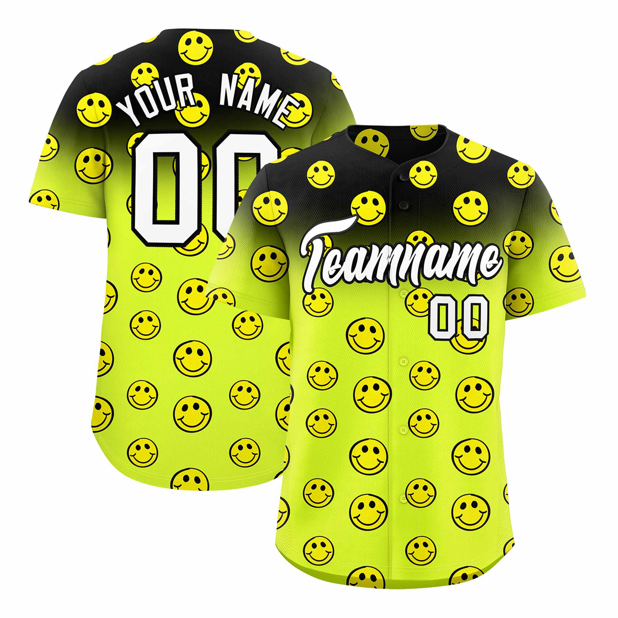 Custom Black Fluorescent Green Graffiti Gradient Pattern Authentic Smile Baseball Jersey