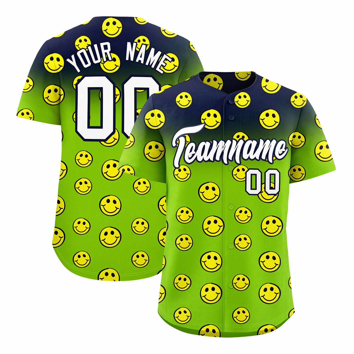Custom Navy Neon Green Graffiti Gradient Pattern Authentic Smile Baseball Jersey