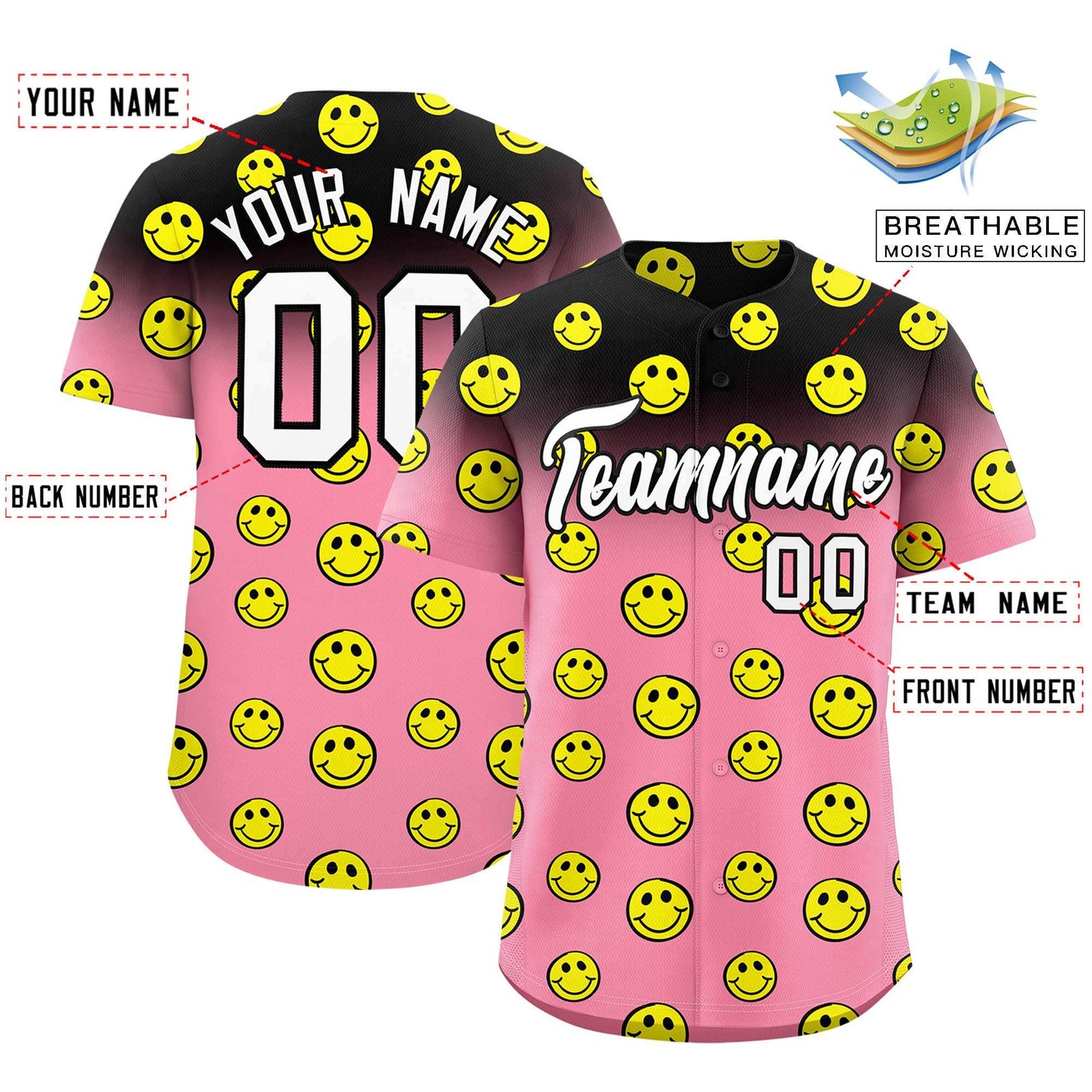 Custom Black Light Pink Graffiti Gradient Pattern Authentic Smile Baseball Jersey