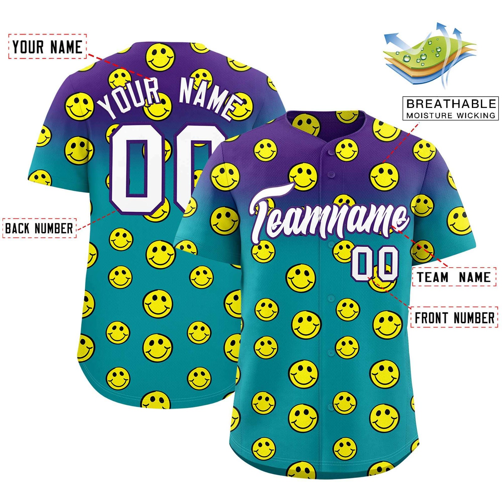 Custom Purple Aqua Graffiti Gradient Pattern Authentic Smile Baseball Jersey