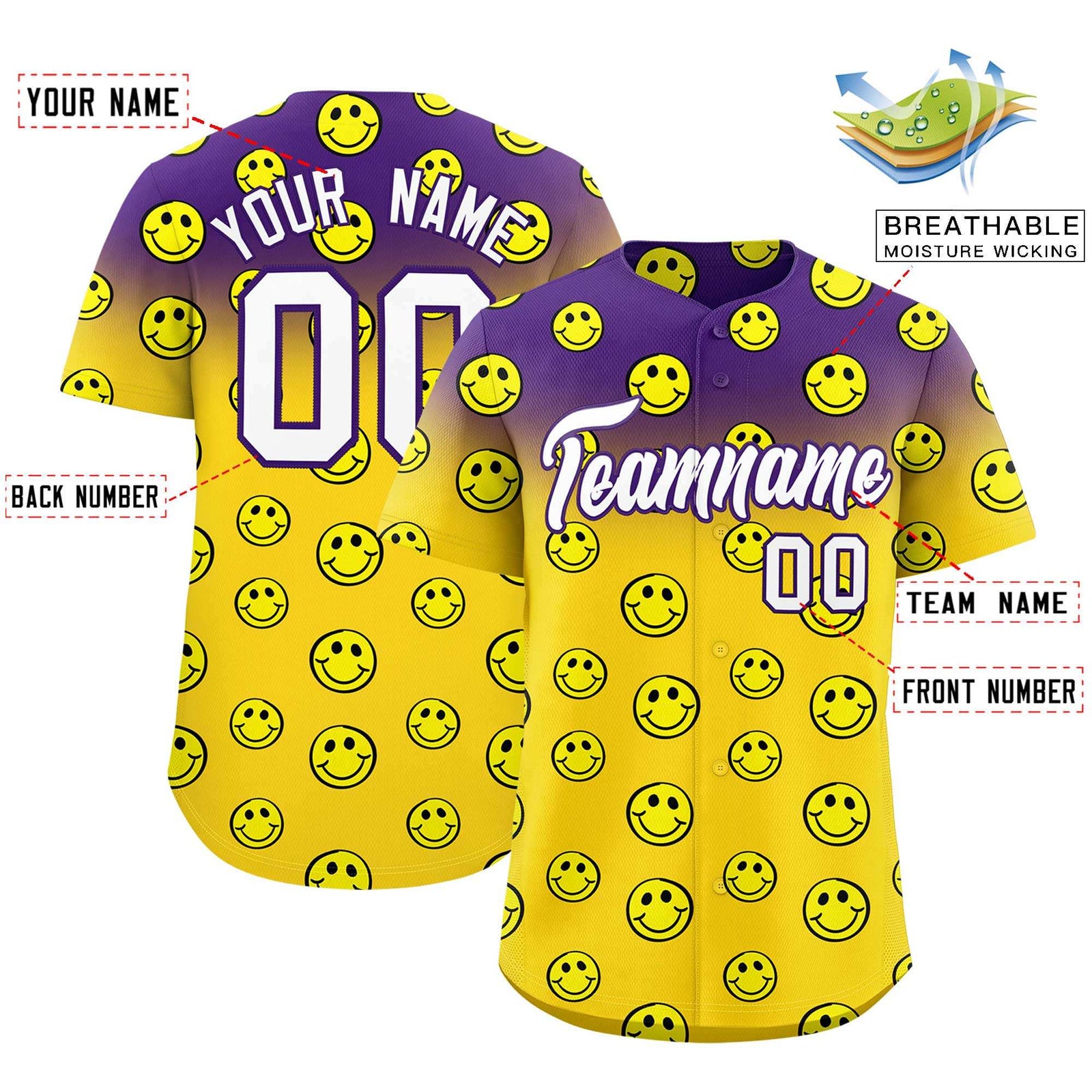 Custom Purple Gold Graffiti Gradient Pattern Authentic Smile Baseball Jersey