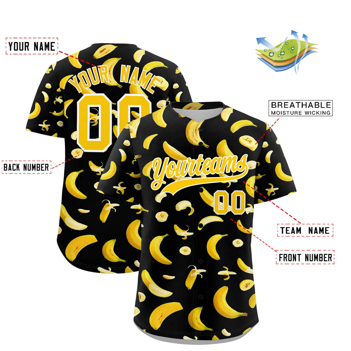 Custom Black Banana Graffiti Pattern Fashion Authentic Baseball Jersey | Graffiti Pattern | Embroidery&amp;Dye-sublimation printing | KXKSHOP