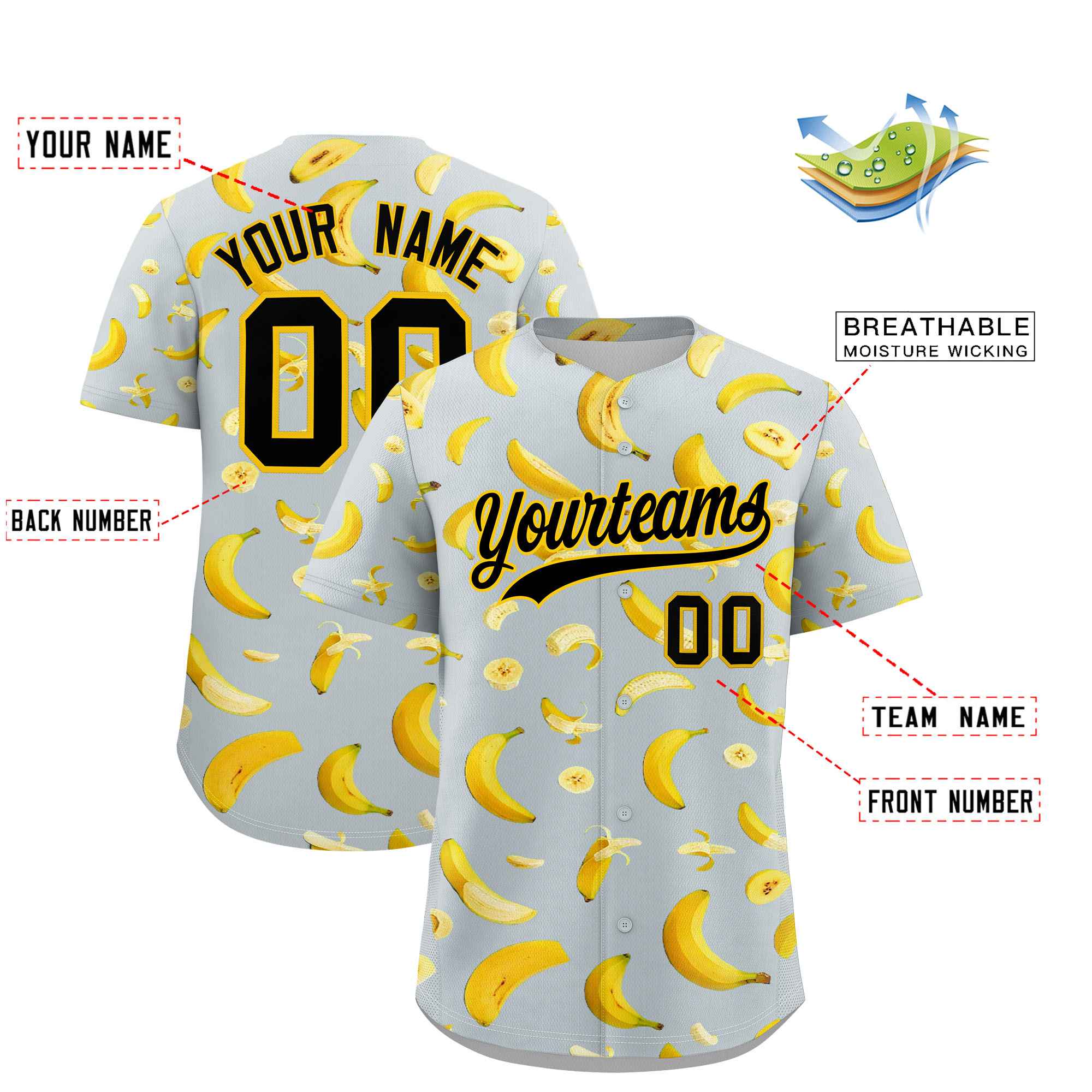 Custom Silver Banana Graffiti Pattern Fashion Authentic Baseball Jersey | Graffiti Pattern | Embroidery&Dye-sublimation printing | KXKSHOP