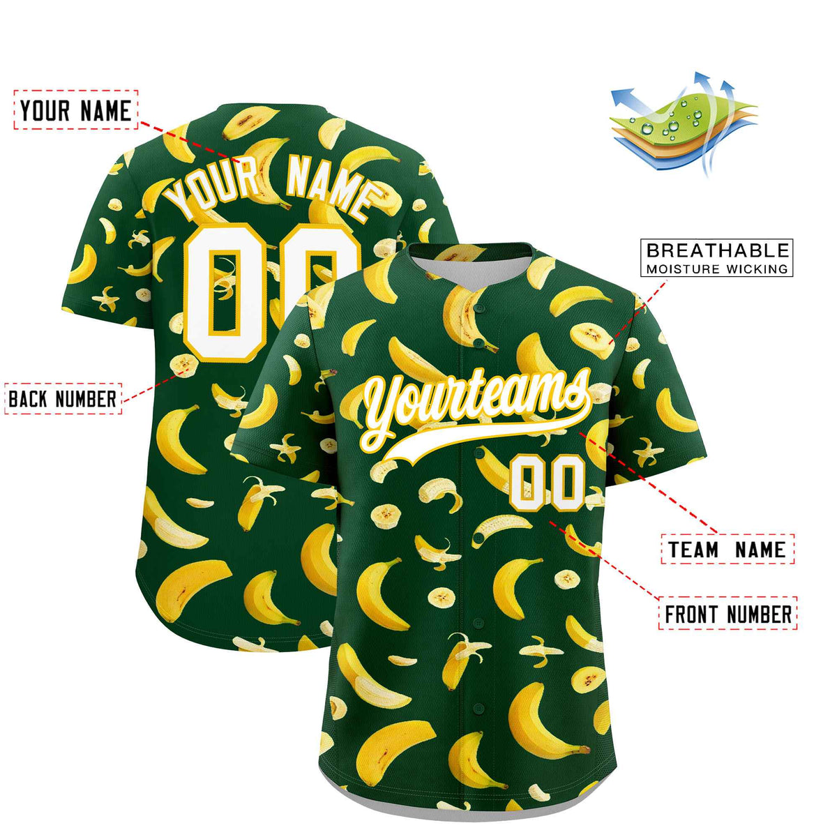 Custom Green Banana Graffiti Pattern Fashion Authentic Baseball Jersey | Graffiti Pattern | Embroidery&amp;Dye-sublimation printing | KXKSHOP