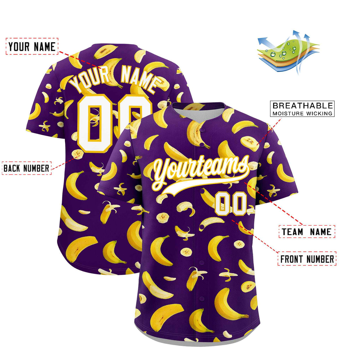 Custom Purple-02 Banana Graffiti Pattern Fashion Authentic Baseball Jersey | Graffiti Pattern | Embroidery&amp;Dye-sublimation printing | KXKSHOP