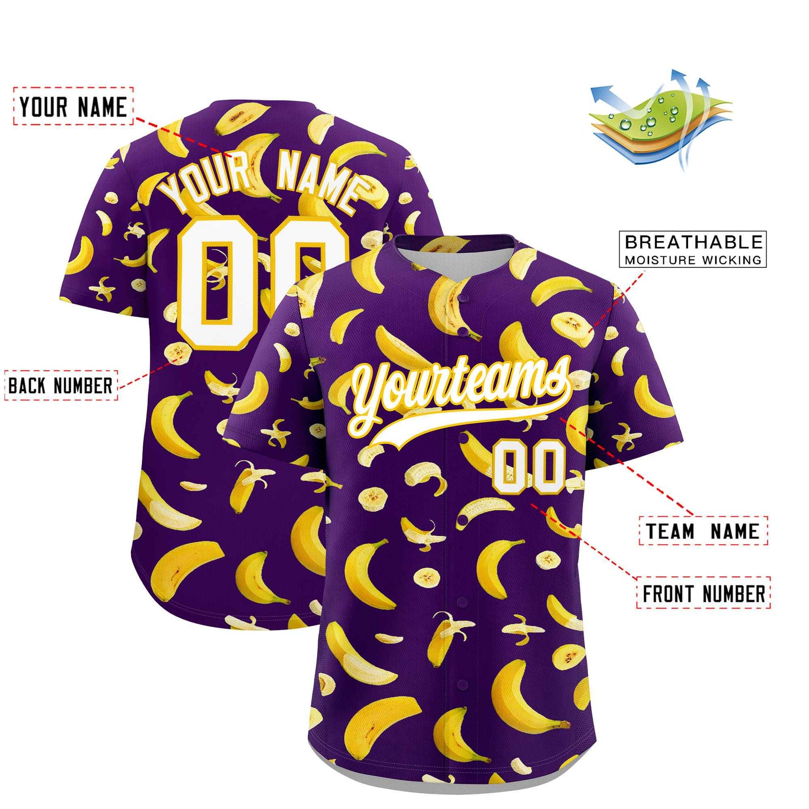 Custom Purple-02 Banana Graffiti Pattern Fashion Authentic Baseball Jersey | Graffiti Pattern | Embroidery&Dye-sublimation printing | KXKSHOP