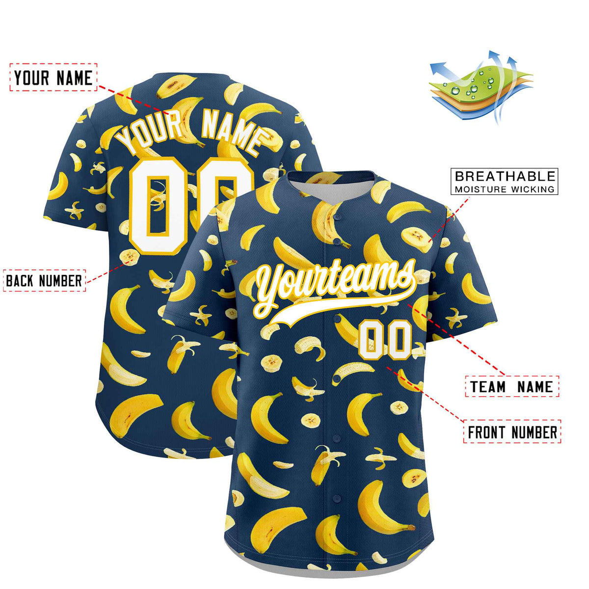 Custom Midnight Blue Banana Graffiti Pattern Fashion Authentic Baseball Jersey | Graffiti Pattern | Embroidery&amp;Dye-sublimation printing | KXKSHOP