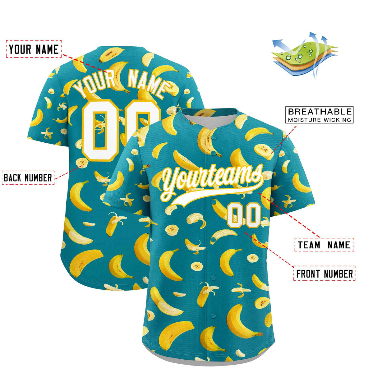 Custom Aqua Banana Graffiti Pattern Fashion Authentic Baseball Jersey | Graffiti Pattern | Embroidery&amp;Dye-sublimation printing | KXKSHOP