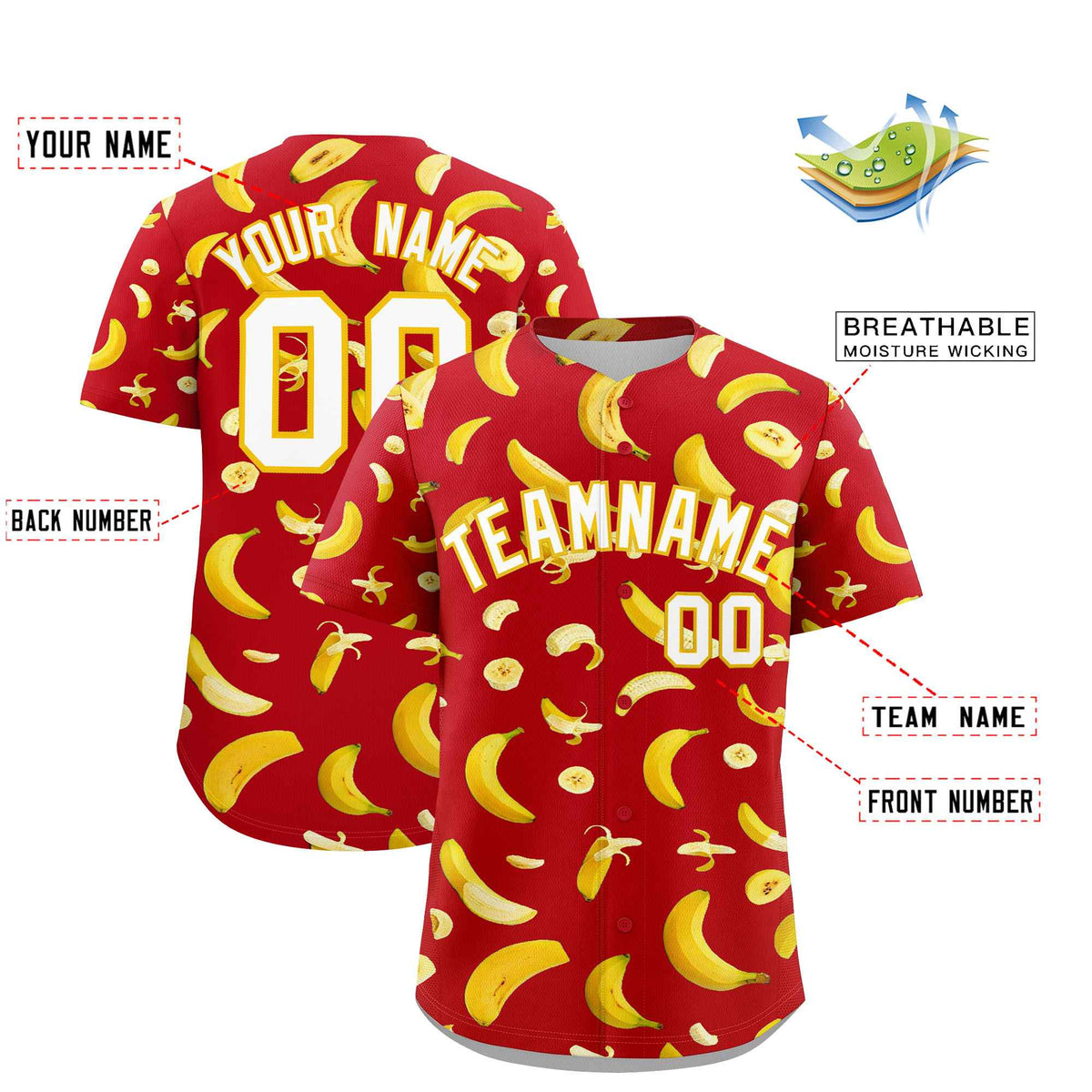 Custom Red Banana Graffiti Pattern Fashion Authentic Baseball Jersey | Graffiti Pattern | Embroidery&amp;Dye-sublimation printing | KXKSHOP