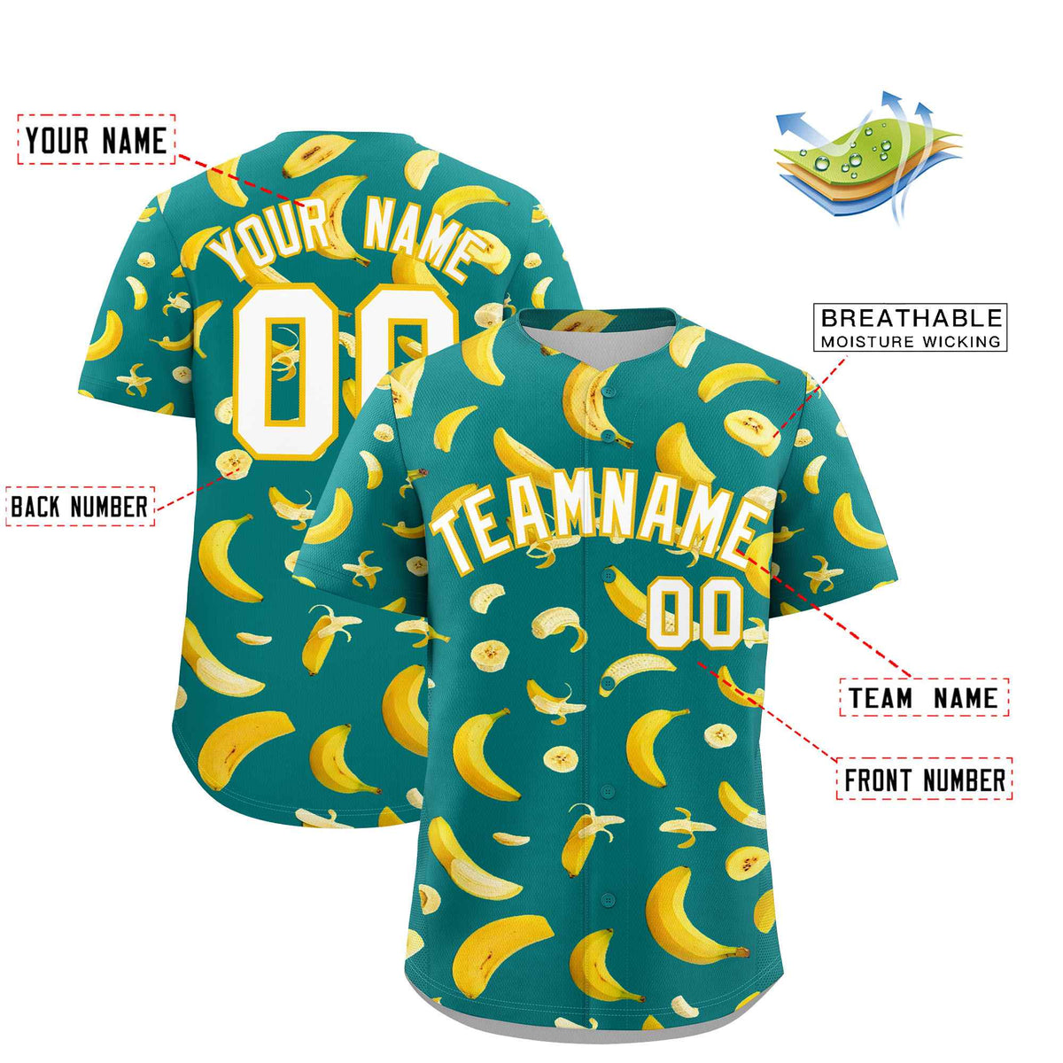 Custom Teal Banana Graffiti Pattern Fashion Authentic Baseball Jersey | Graffiti Pattern | Embroidery&amp;Dye-sublimation printing | KXKSHOP
