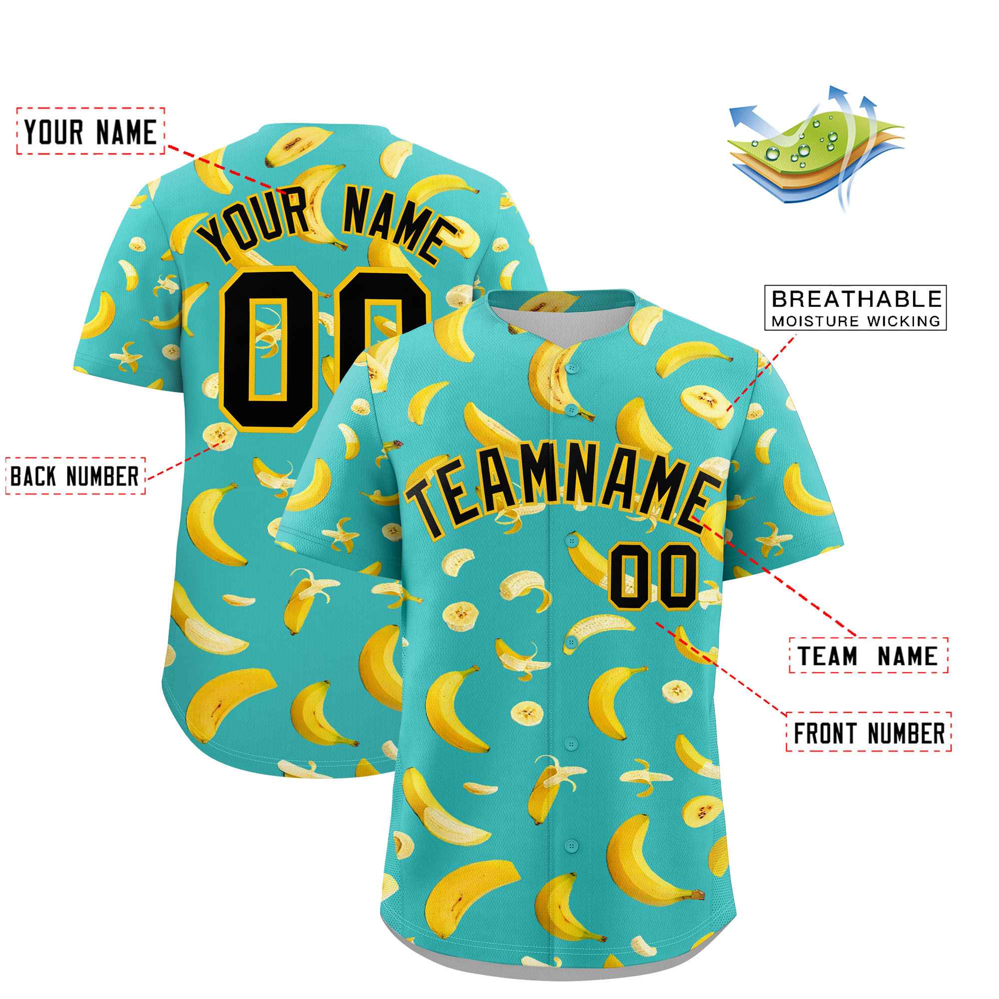 Custom Teal Banana Graffiti Pattern Fashion Authentic Baseball Jersey | Graffiti Pattern | Embroidery&Dye-sublimation printing | KXKSHOP