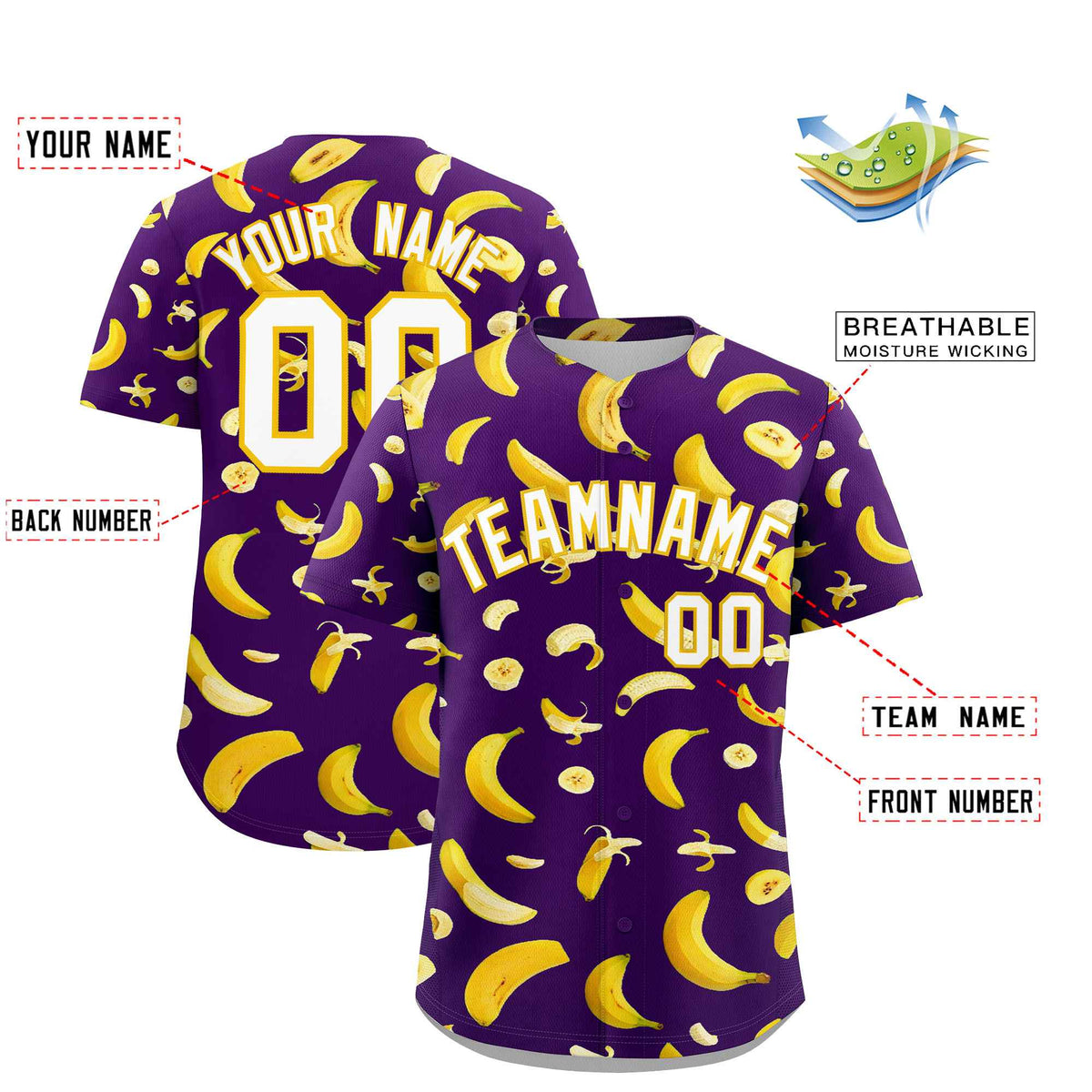 Custom Purple-02 Banana Graffiti Pattern Fashion Authentic Baseball Jersey | Graffiti Pattern | Embroidery&amp;Dye-sublimation printing | KXKSHOP