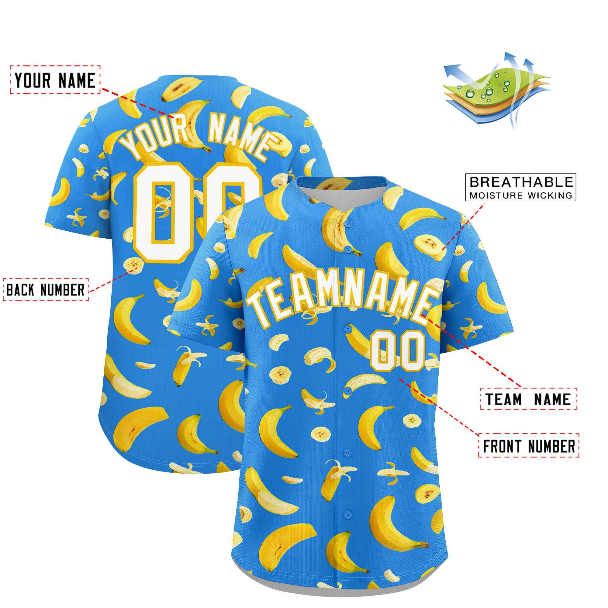 Custom Light Blue Banana Graffiti Pattern Fashion Authentic Baseball Jersey | Graffiti Pattern | Embroidery&Dye-sublimation printing | KXKSHOP