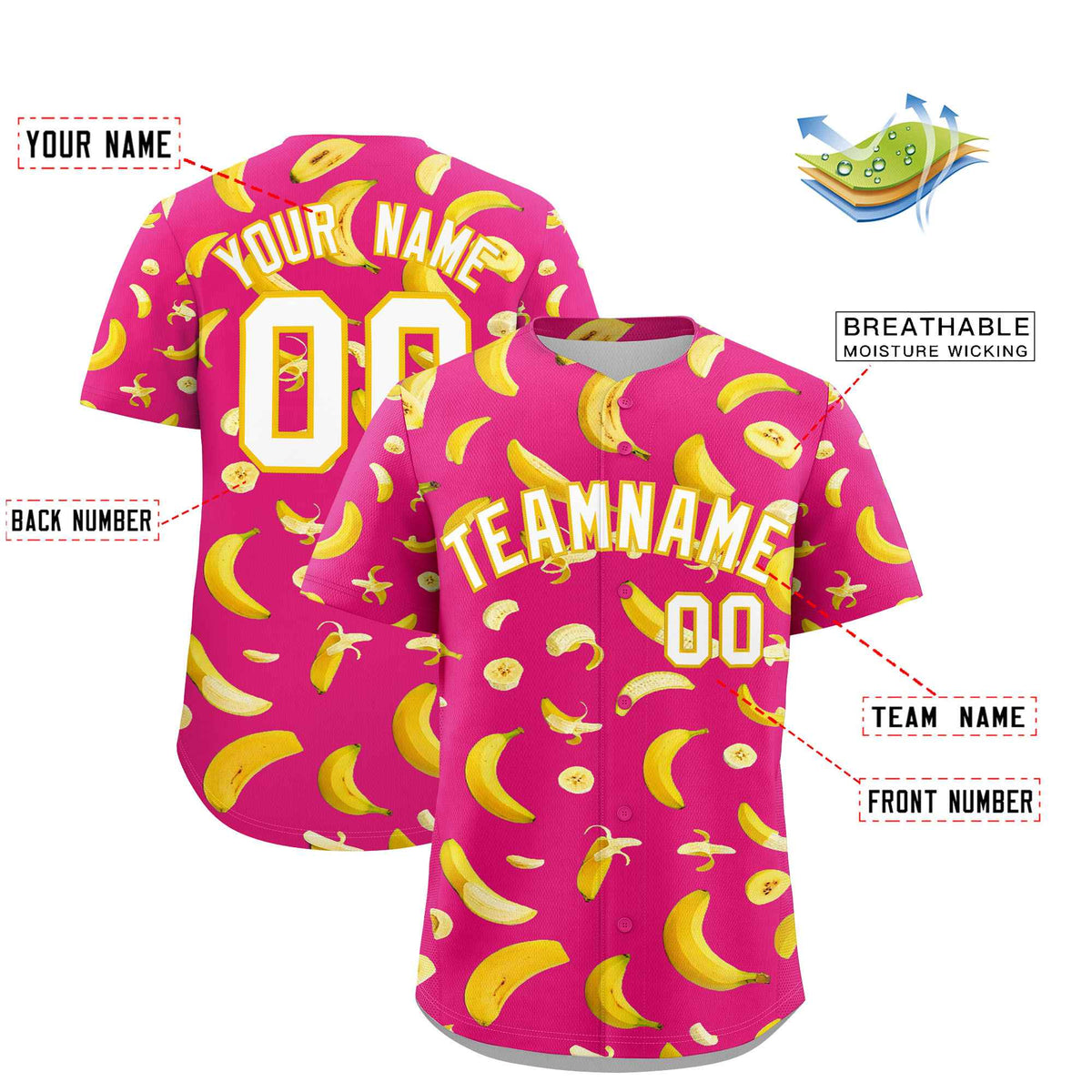 Custom Rose Red Banana Graffiti Pattern Fashion Authentic Baseball Jersey | Graffiti Pattern | Embroidery&amp;Dye-sublimation printing | KXKSHOP