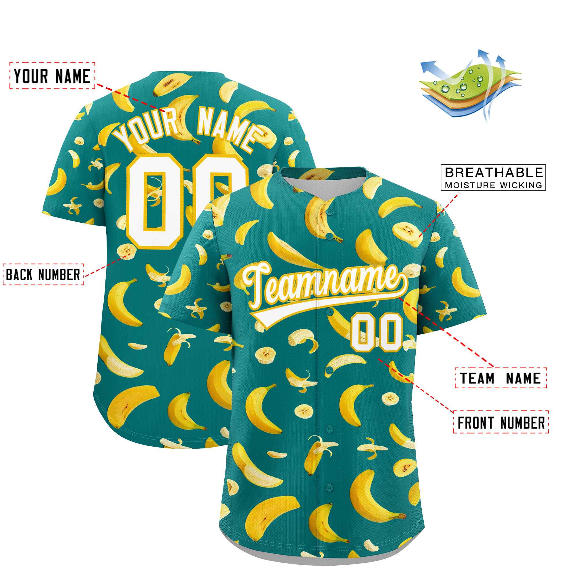 Custom Teal Banana Graffiti Pattern Fashion Authentic Baseball Jersey | Graffiti Pattern | Embroidery&Dye-sublimation printing | KXKSHOP