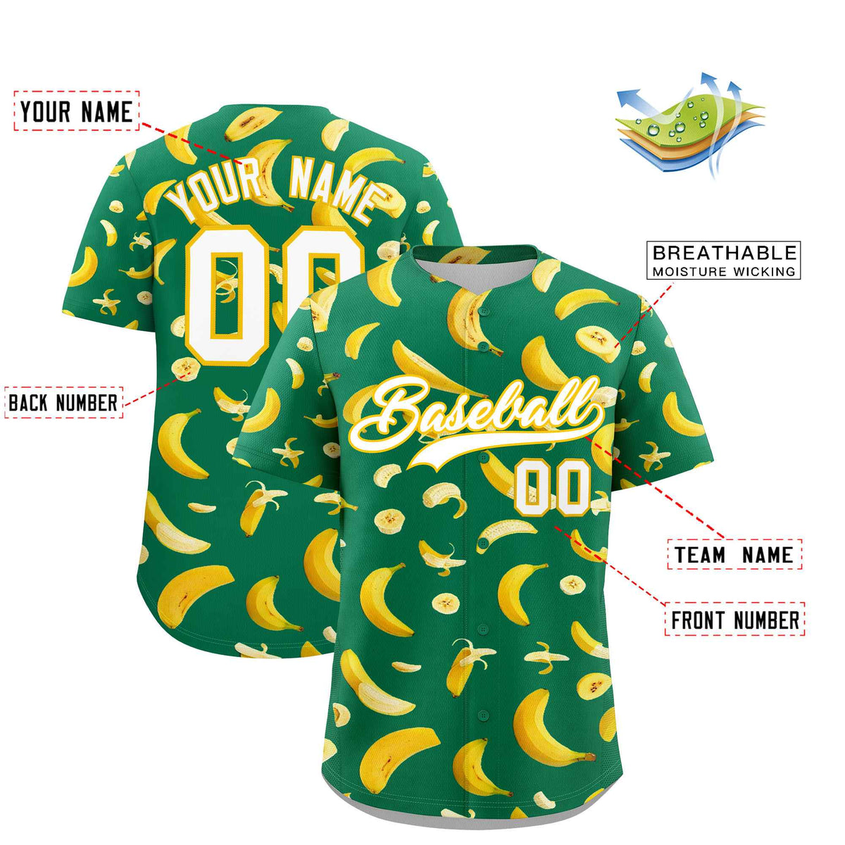 Custom Kelly Green Banana Graffiti Pattern Fashion Authentic Baseball Jersey | Graffiti Pattern | Embroidery&amp;Dye-sublimation printing | KXKSHOP