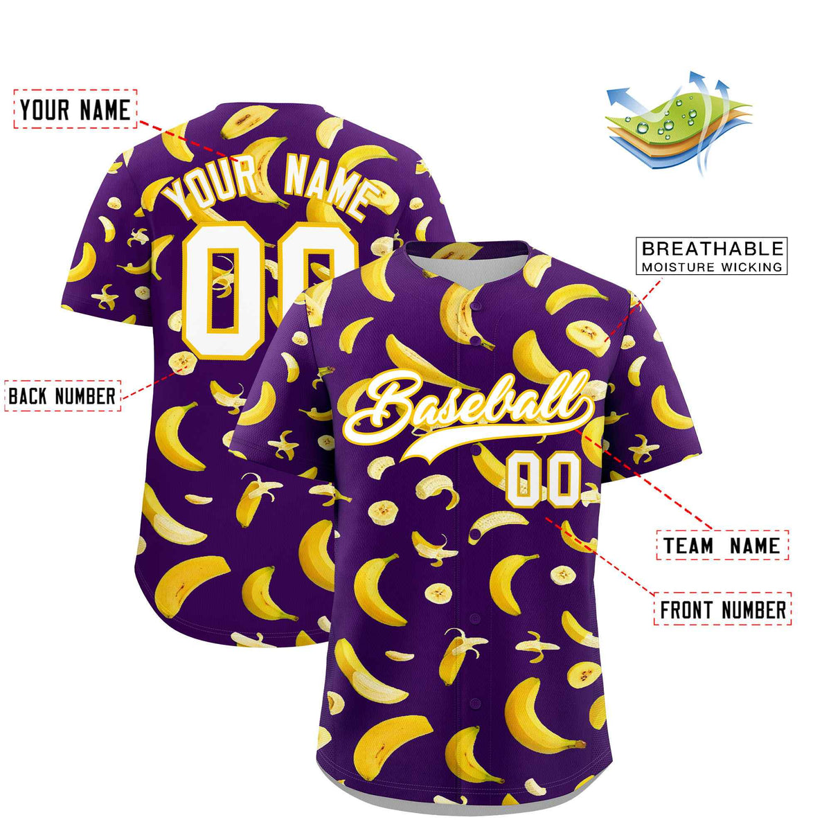 Custom Purple-02 Banana Graffiti Pattern Fashion Authentic Baseball Jersey | Graffiti Pattern | Embroidery&amp;Dye-sublimation printing | KXKSHOP