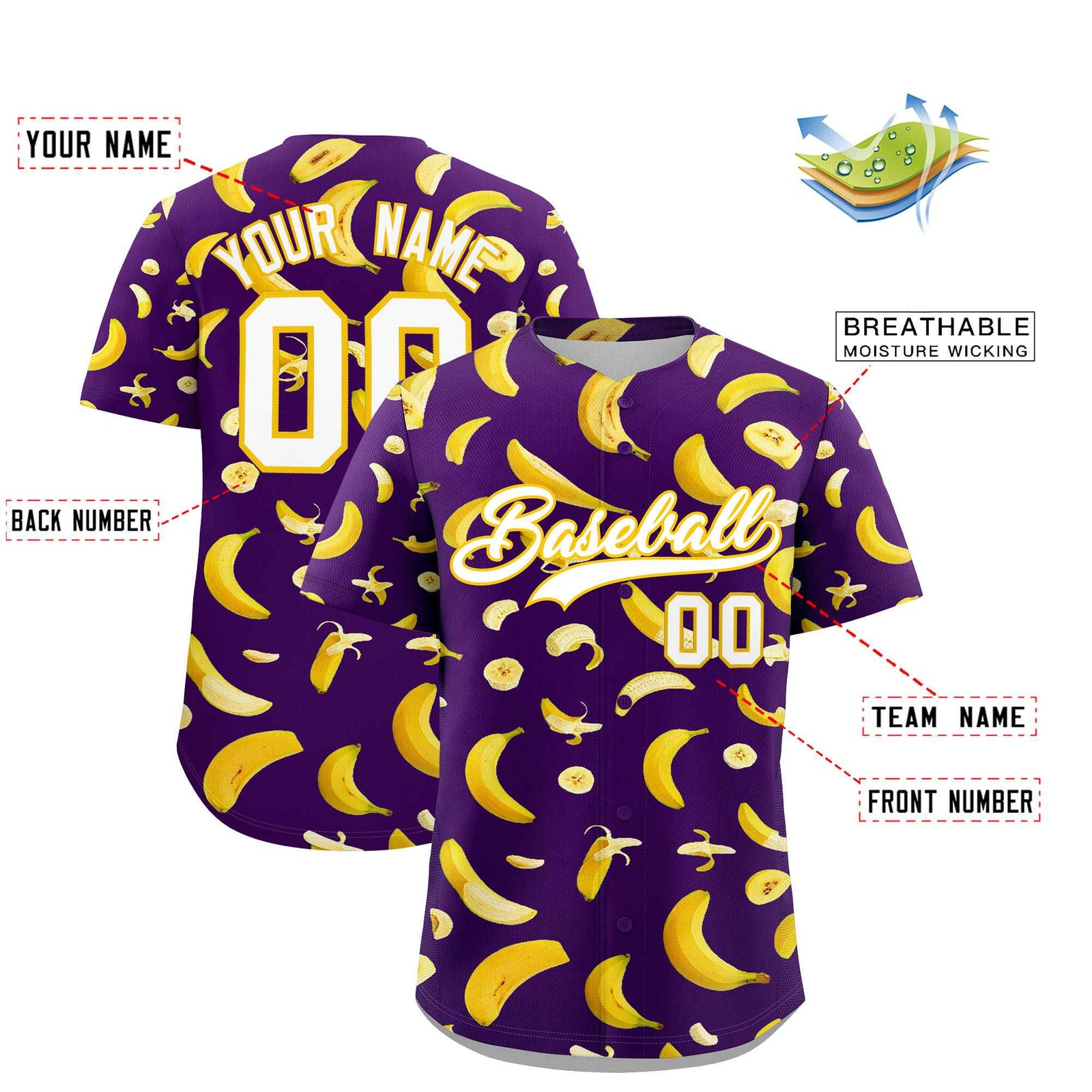 Custom Purple-02 Banana Graffiti Pattern Fashion Authentic Baseball Jersey | Graffiti Pattern | Embroidery&Dye-sublimation printing | KXKSHOP