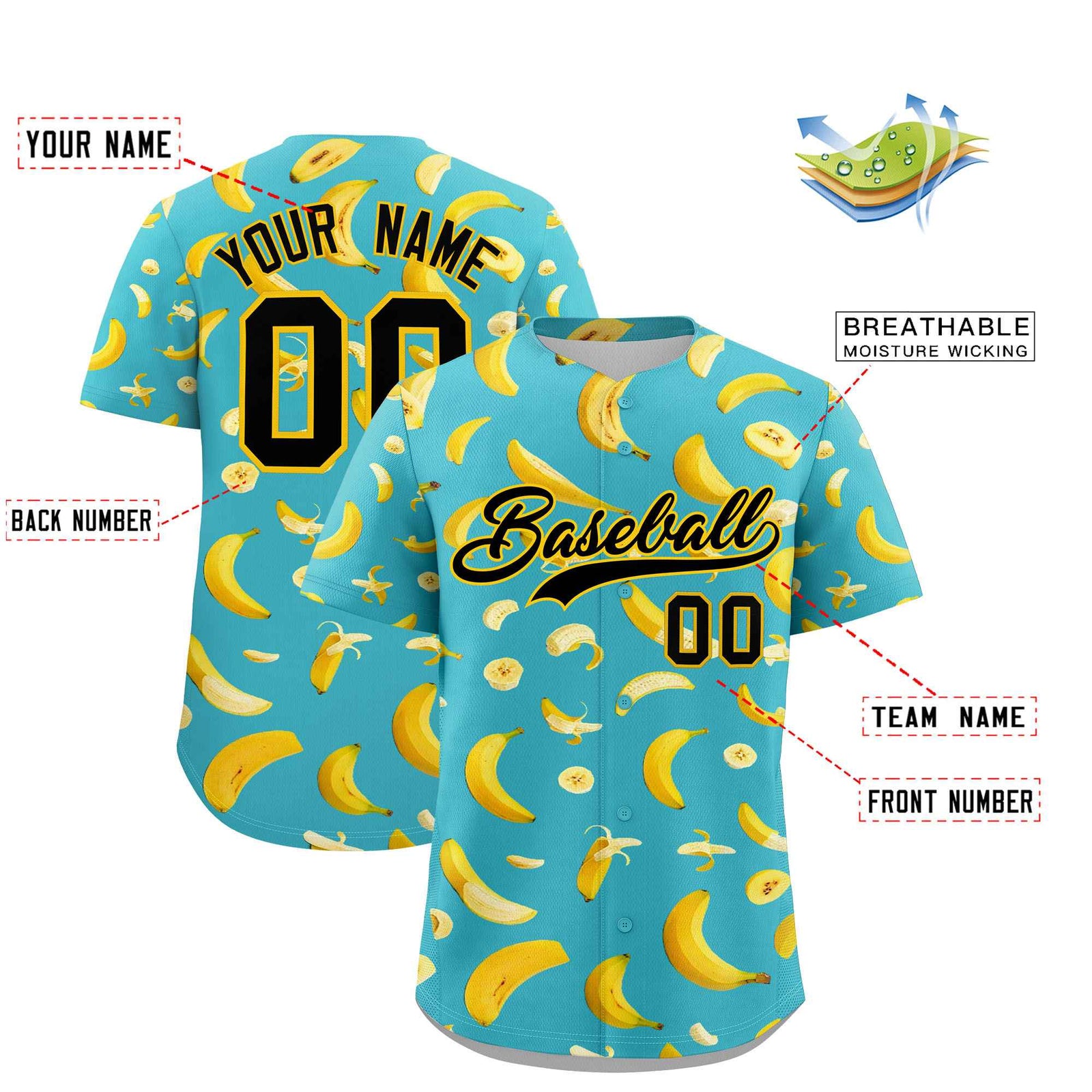 Custom Teal Banana Graffiti Pattern Fashion Authentic Baseball Jersey | Graffiti Pattern | Embroidery&Dye-sublimation printing | KXKSHOP