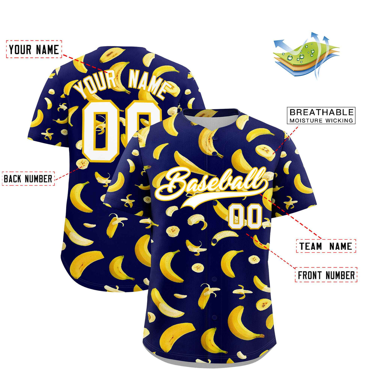 Custom Dark Blue Banana Graffiti Pattern Fashion Authentic Baseball Jersey | Graffiti Pattern | Embroidery&amp;Dye-sublimation printing | KXKSHOP