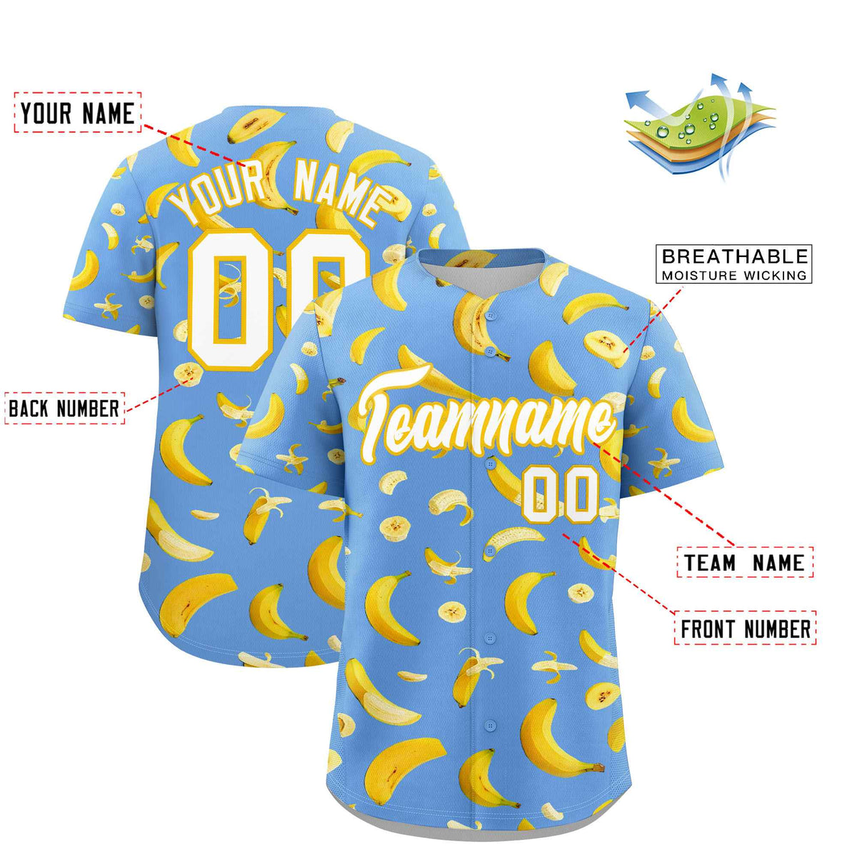Custom Light Blue Banana Graffiti Pattern Fashion Authentic Baseball Jersey | Graffiti Pattern | Embroidery&amp;Dye-sublimation printing | KXKSHOP