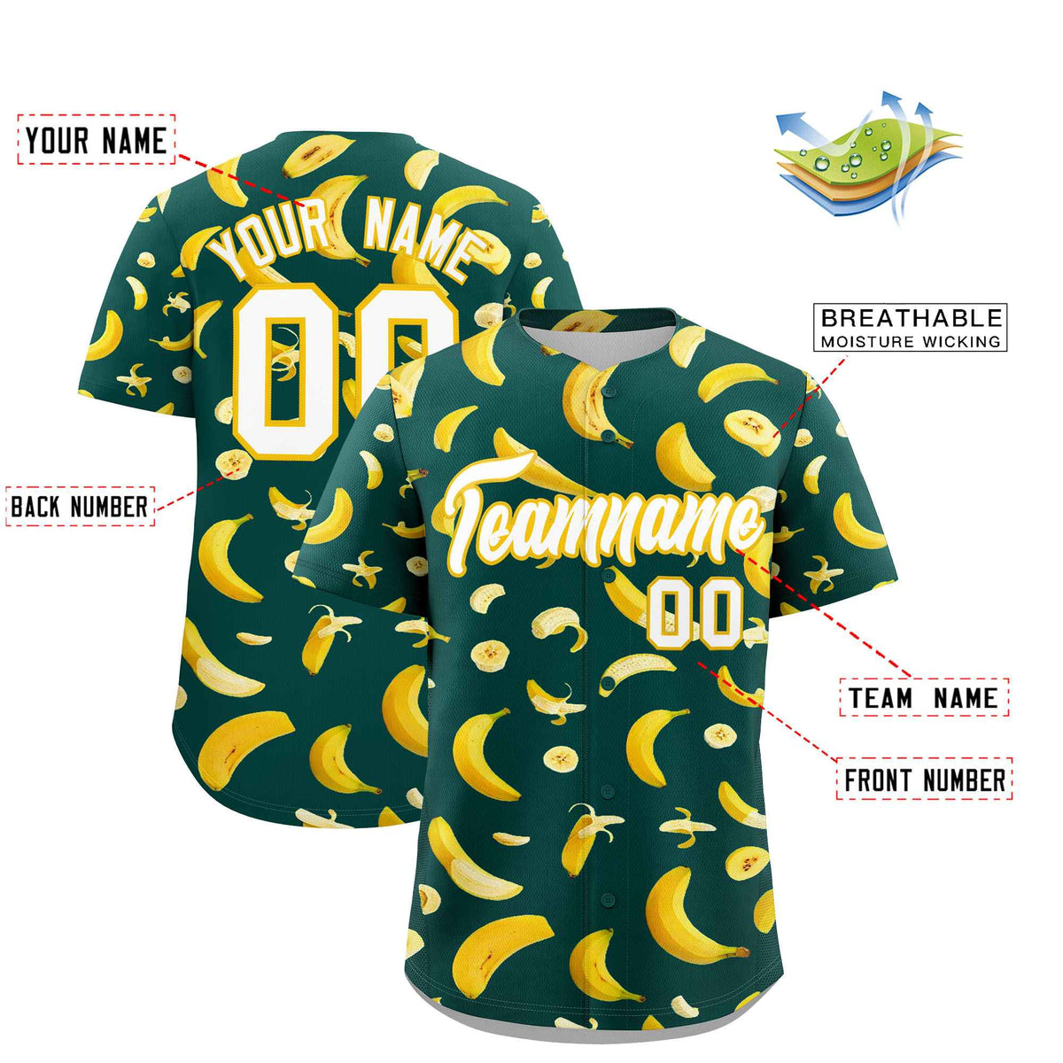 Custom Midnight Green Banana Graffiti Pattern Fashion Authentic Baseball Jersey | Graffiti Pattern | Embroidery&amp;Dye-sublimation printing | KXKSHOP