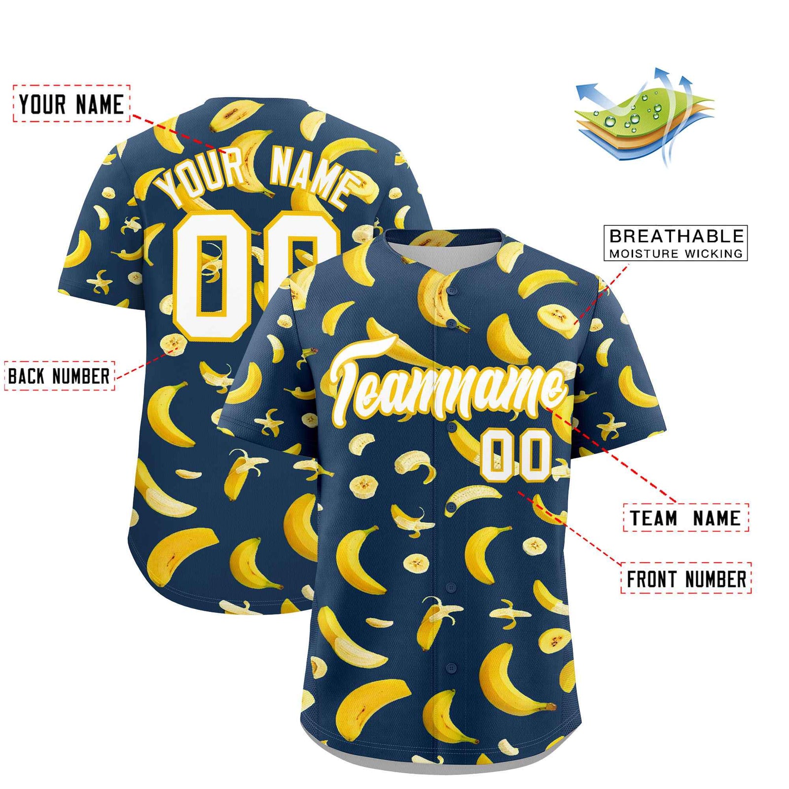 Custom Midnight Blue Banana Graffiti Pattern Fashion Authentic Baseball Jersey | Graffiti Pattern | Embroidery&Dye-sublimation printing | KXKSHOP