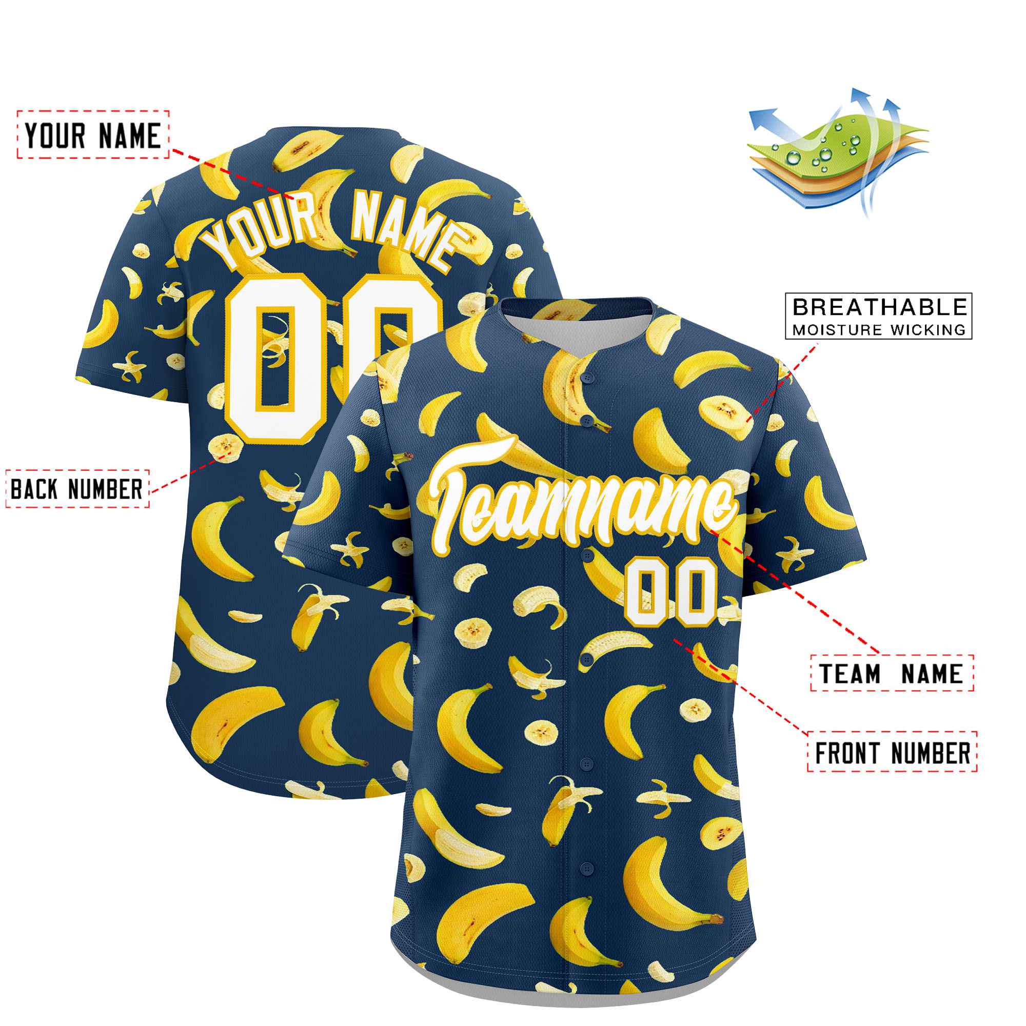 Custom Midnight Blue Banana Graffiti Pattern Fashion Authentic Baseball Jersey | Graffiti Pattern | Embroidery&Dye-sublimation printing | KXKSHOP