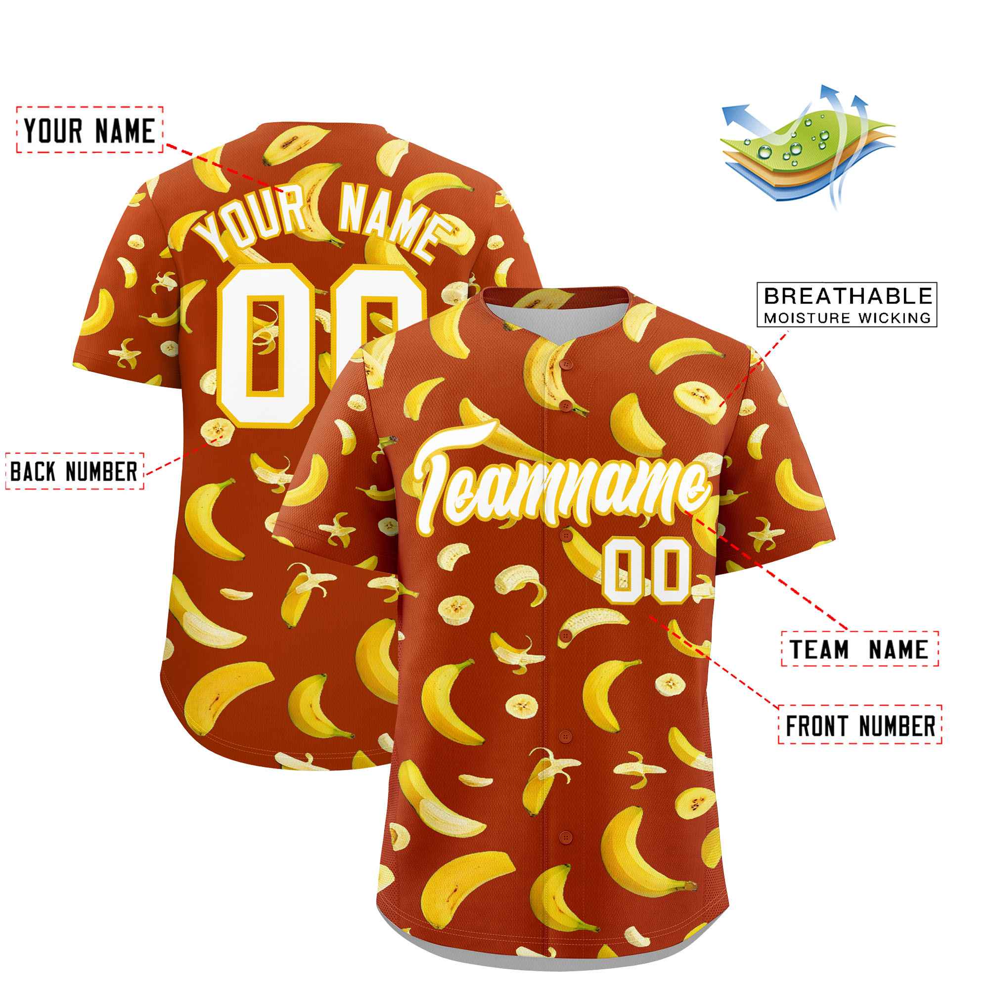 Custom Dark Orange Banana Graffiti Pattern Fashion Authentic Baseball Jersey | Graffiti Pattern | Embroidery&Dye-sublimation printing | KXKSHOP