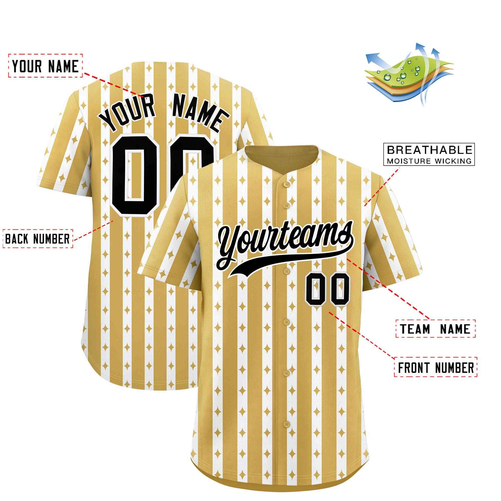 Custom Old Gold White Star Pattern Thick Stripes Baseball Jersey