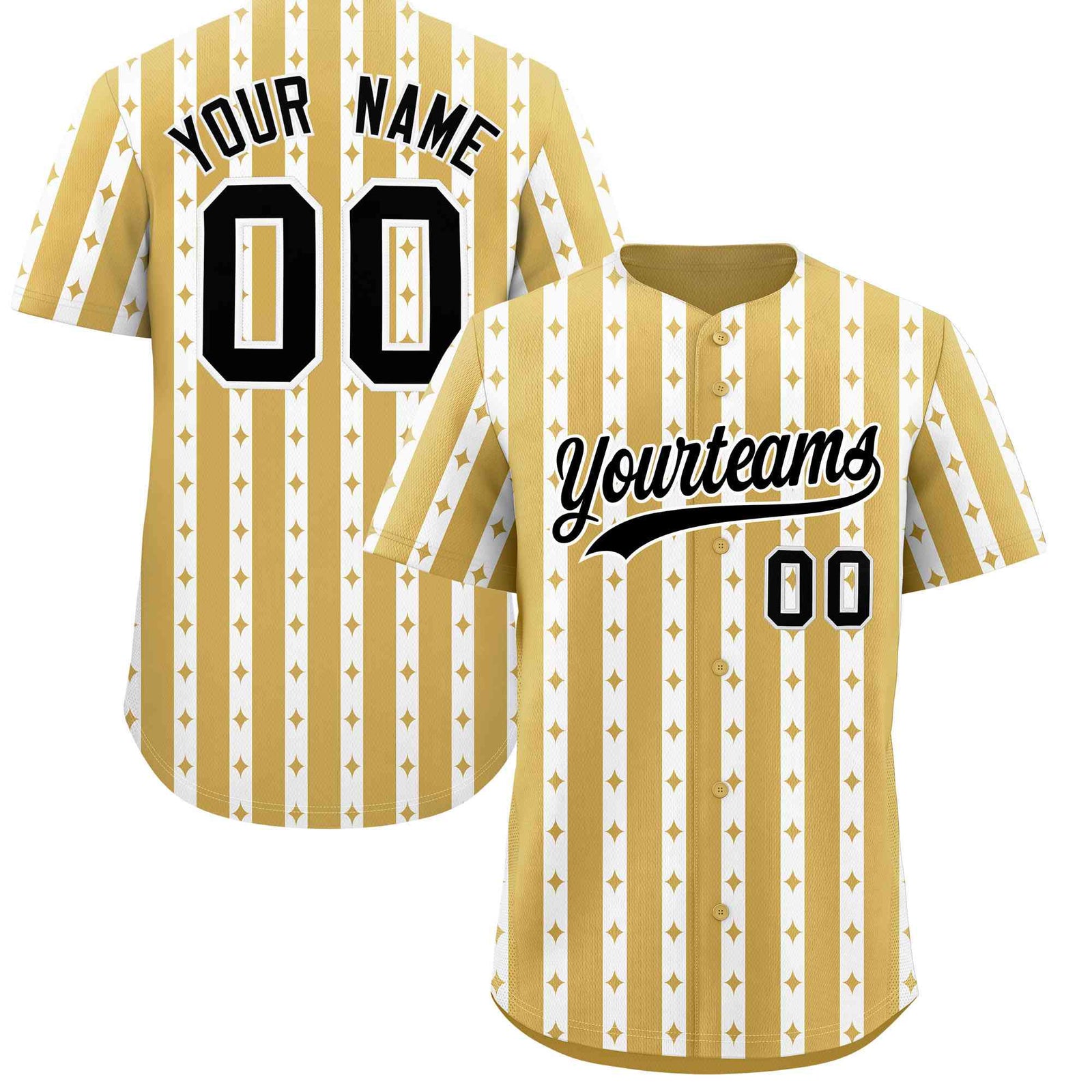 Custom Old Gold White Star Pattern Thick Stripes Baseball Jersey