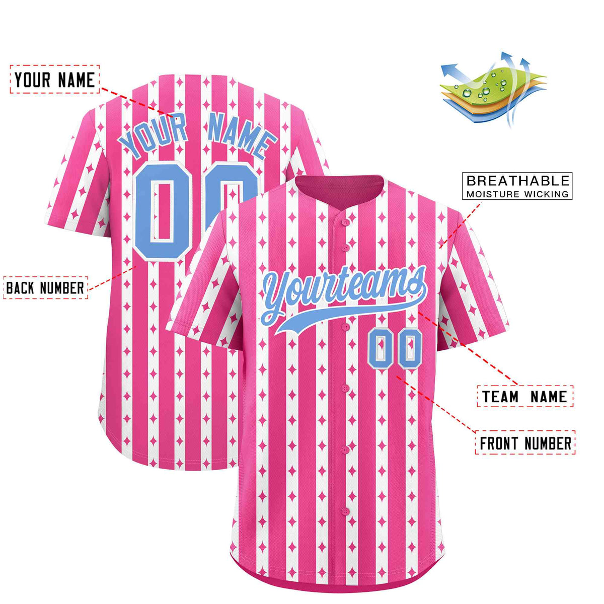 Custom Pink White Star Pattern Thick Stripes Baseball Jersey