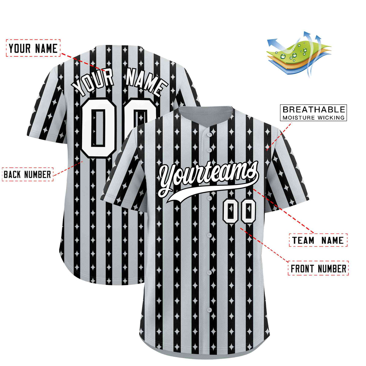 Custom Silver Black Star Pattern Thick Stripes Baseball Jersey