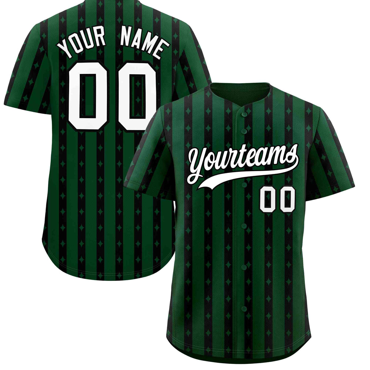 Custom Green Black Star Pattern Thick Stripes Baseball Jersey