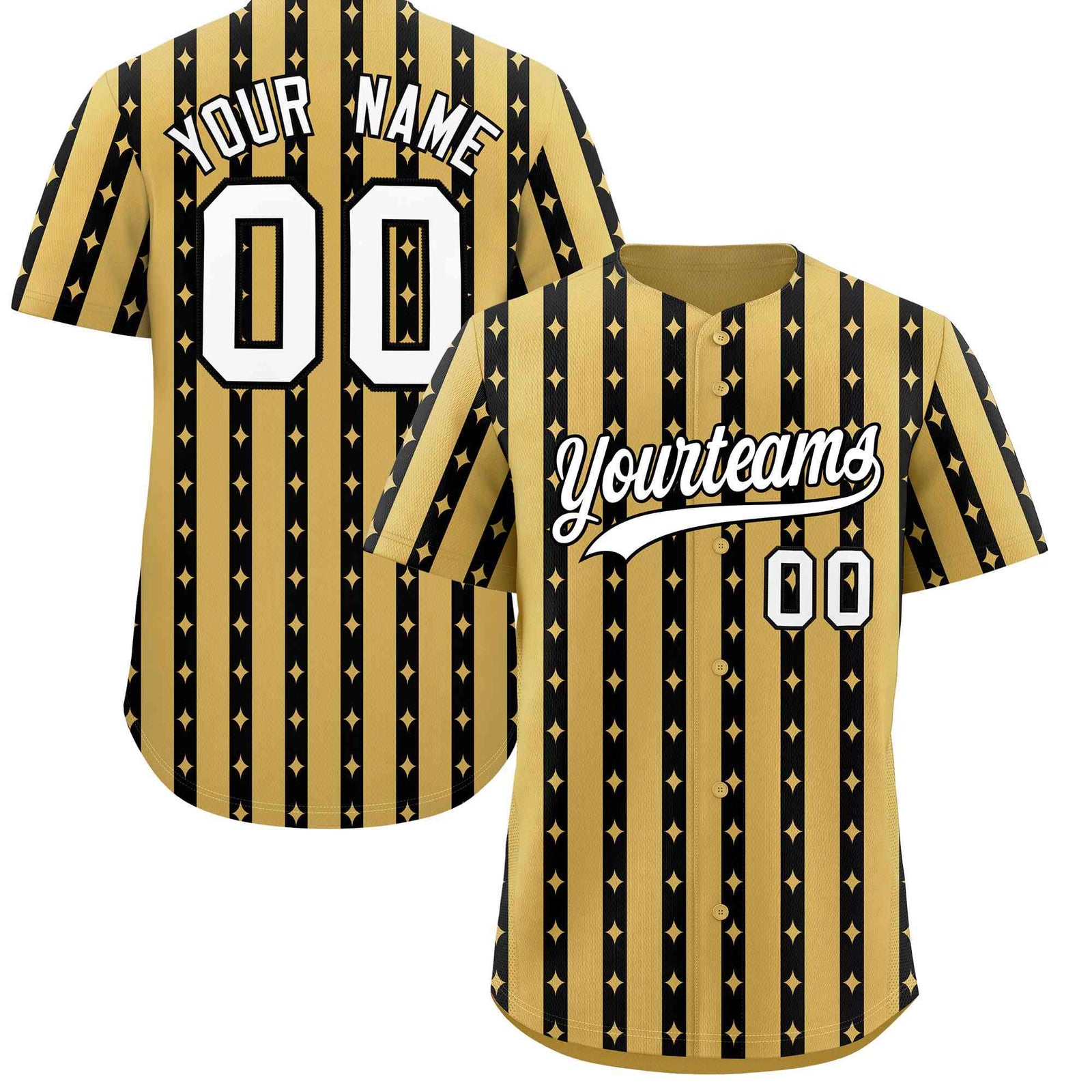 Custom Old Gold Black Star Pattern Thick Stripes Baseball Jersey