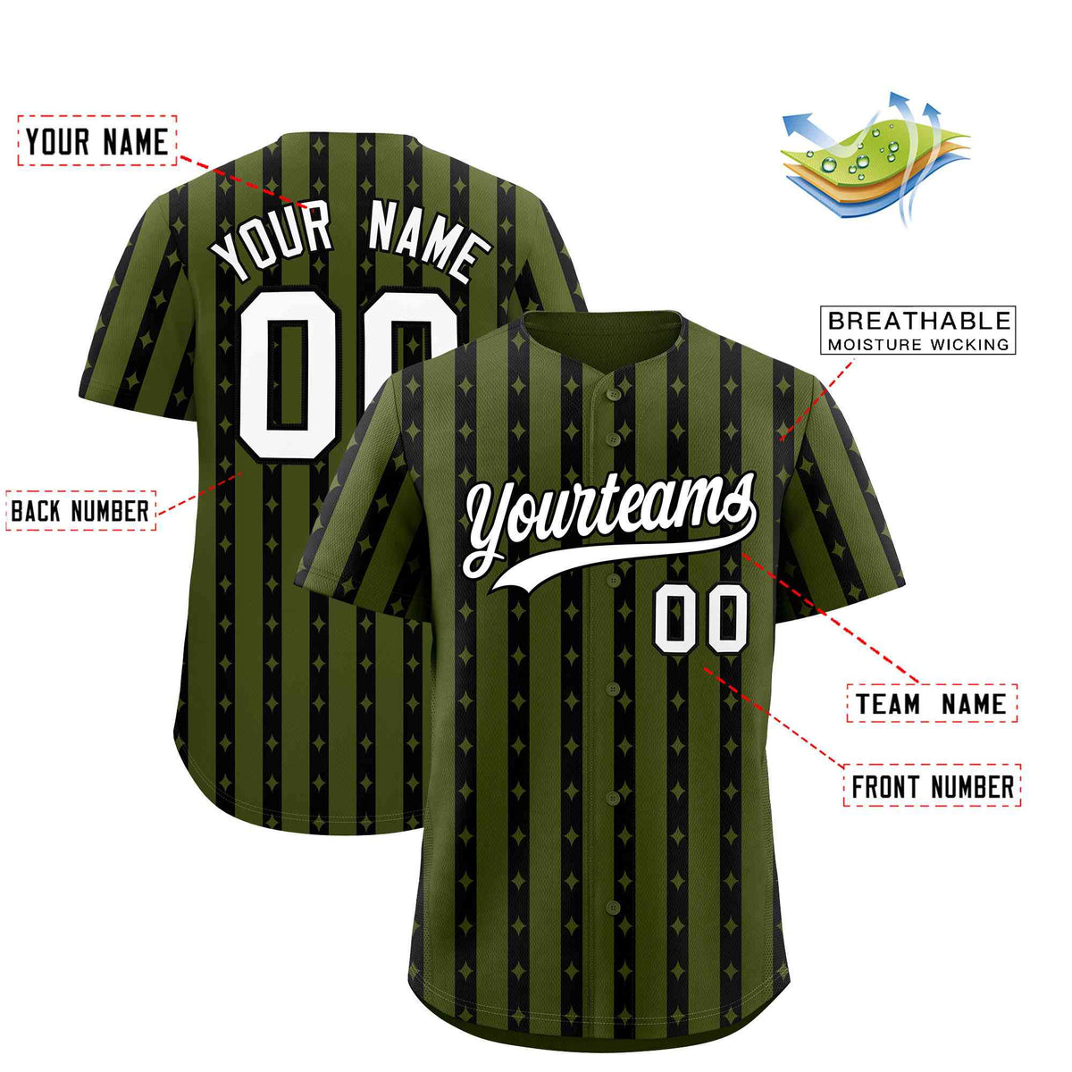 Custom Olive Black Star Pattern Thick Stripes Baseball Jersey