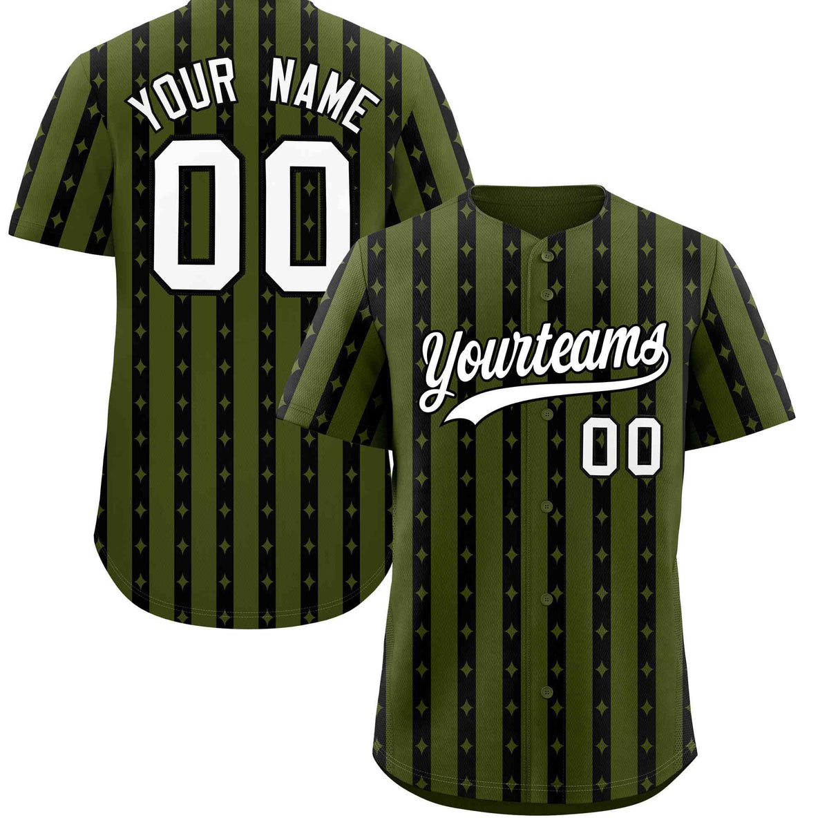 Custom Olive Black Star Pattern Thick Stripes Baseball Jersey