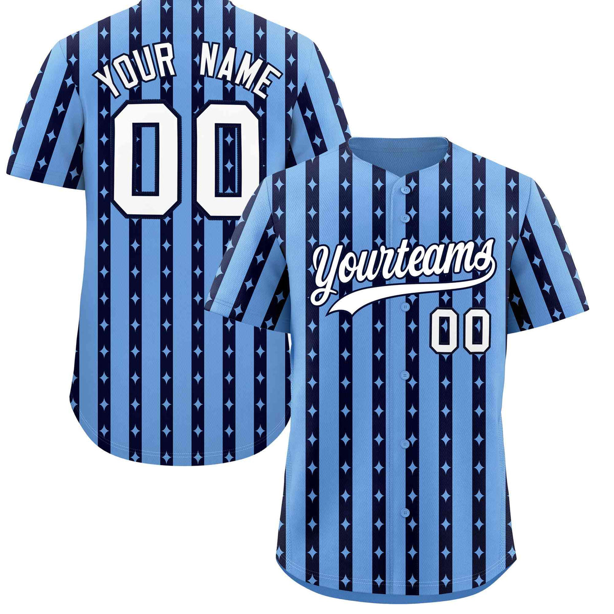 Custom Light Blue Navy Star Pattern Thick Stripes Baseball Jersey