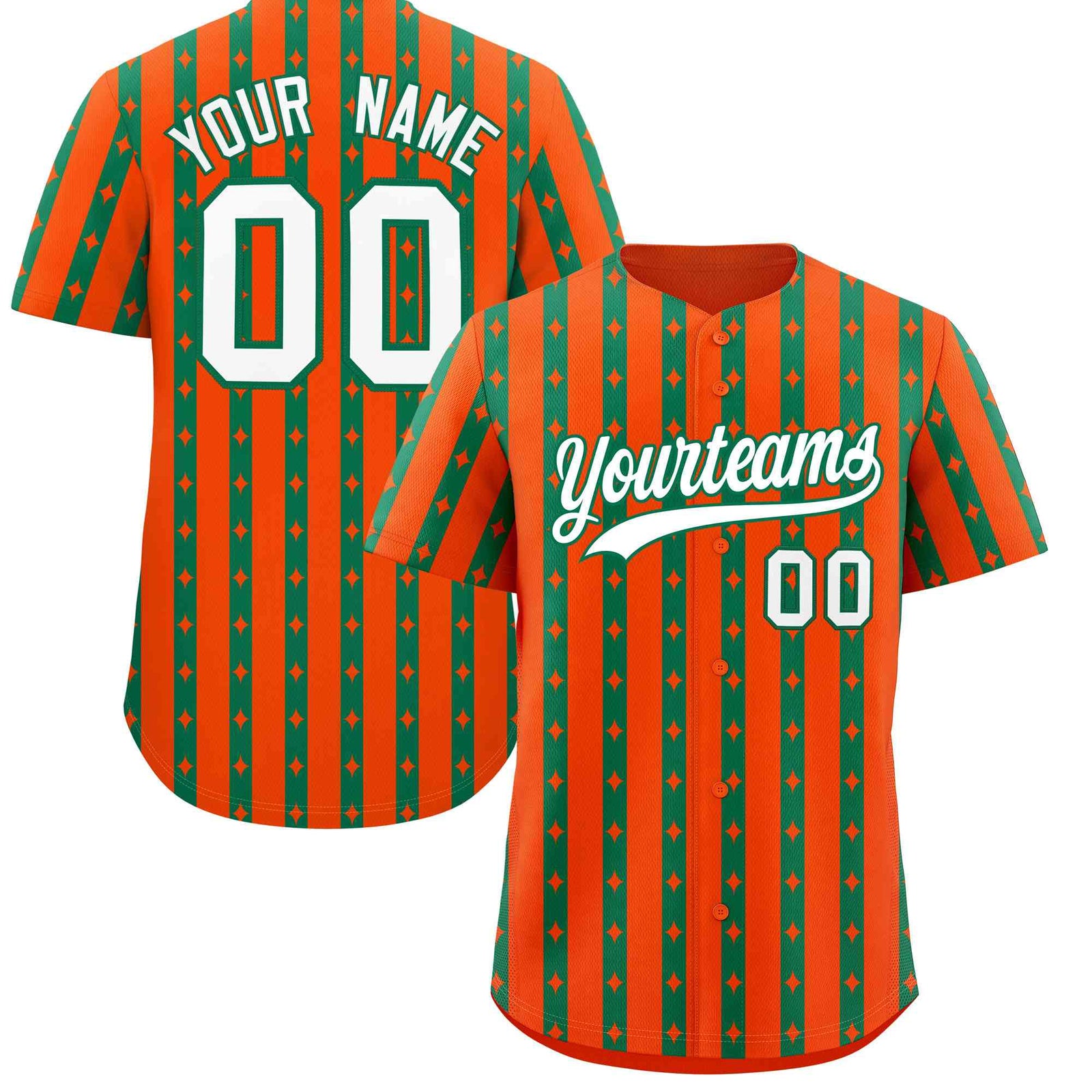 Custom Orange Kelly Green Star Pattern Thick Stripes Baseball Jersey