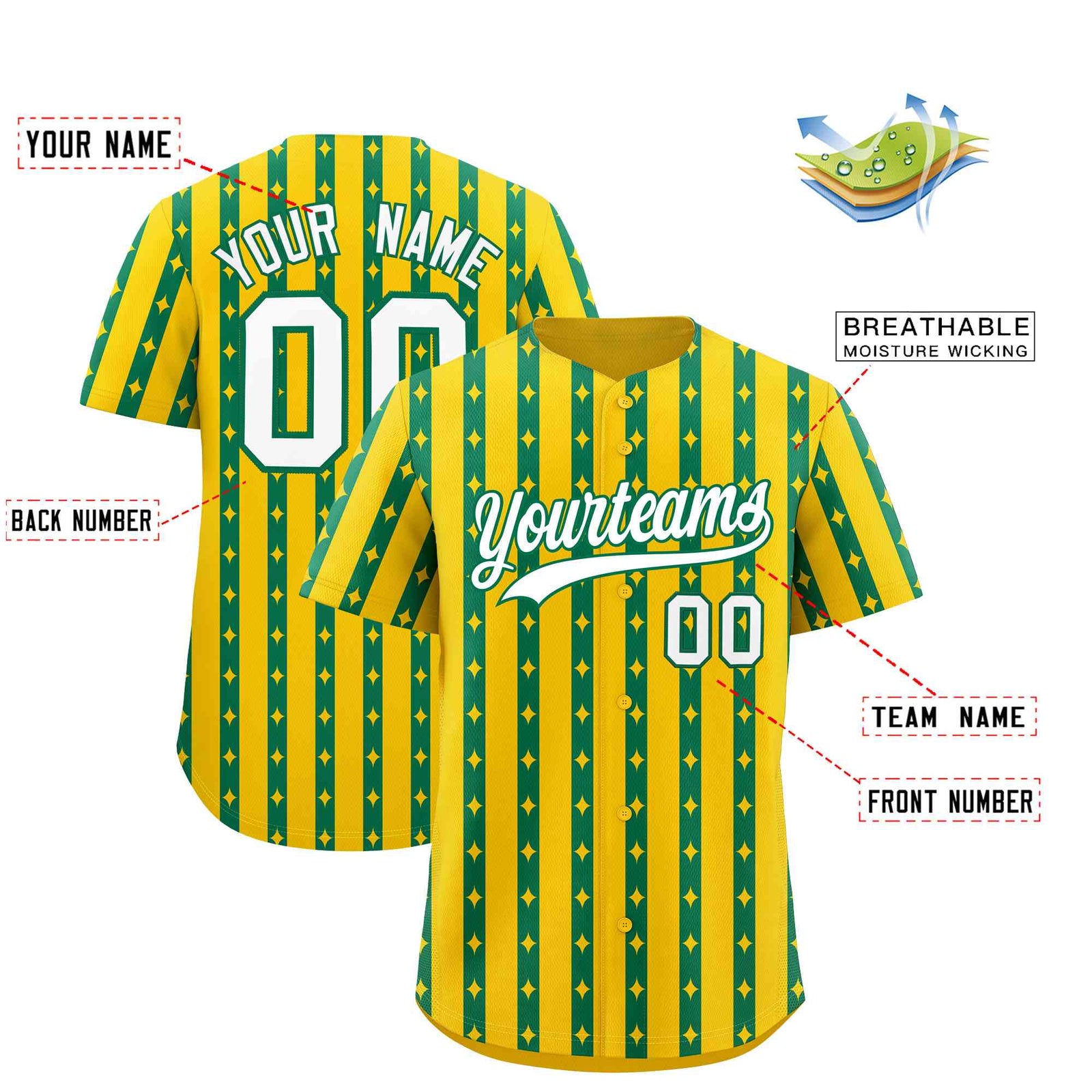 Custom Gold Kelly Green Star Pattern Thick Stripes Baseball Jersey