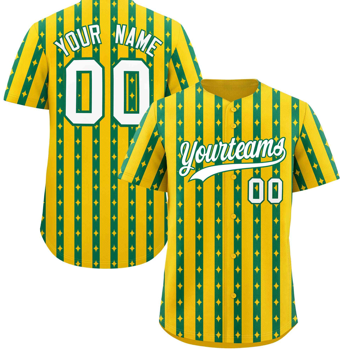 Custom Gold Kelly Green Star Pattern Thick Stripes Baseball Jersey