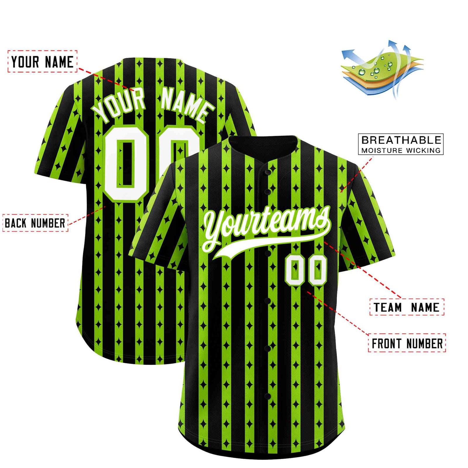 Custom Black Neon Green Star Pattern Thick Stripes Baseball Jersey