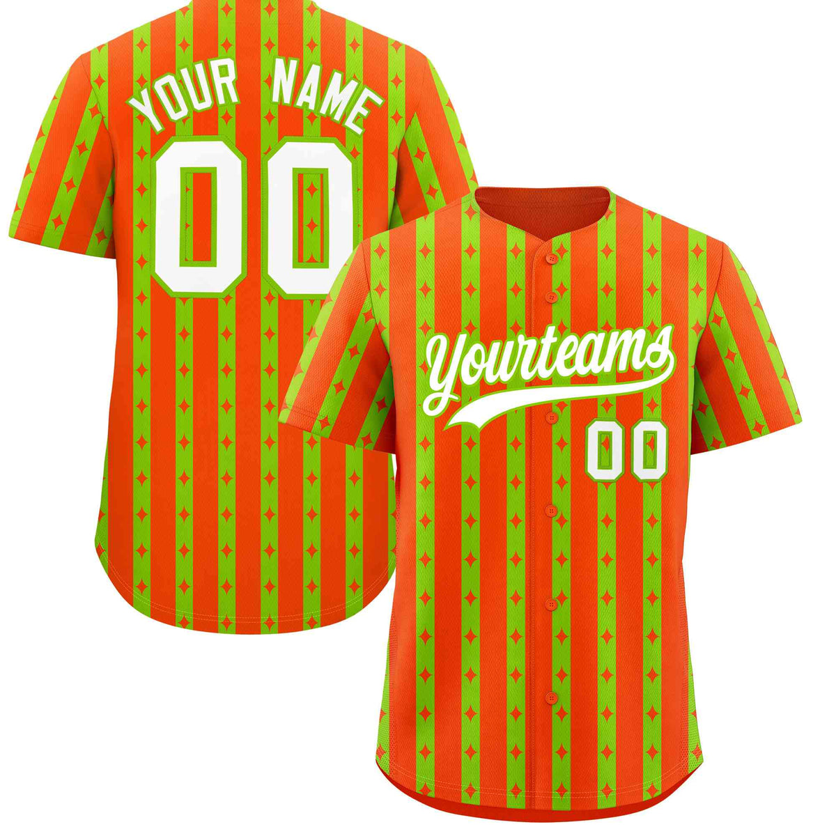 Custom Orange Neon Green Star Pattern Thick Stripes Baseball Jersey