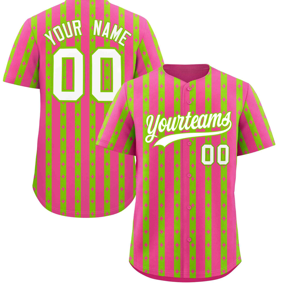 Custom Pink Neon Green Star Pattern Thick Stripes Baseball Jersey