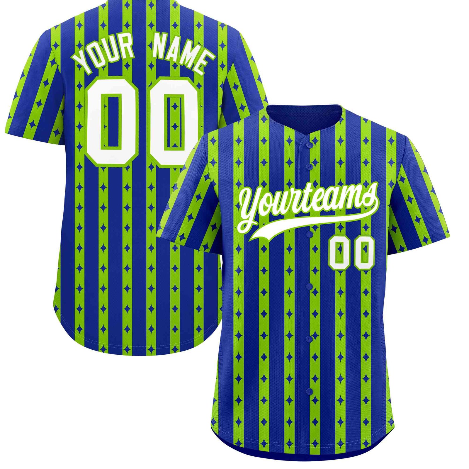 Custom Royal Blue Neon Green Star Pattern Thick Stripes Baseball Jersey
