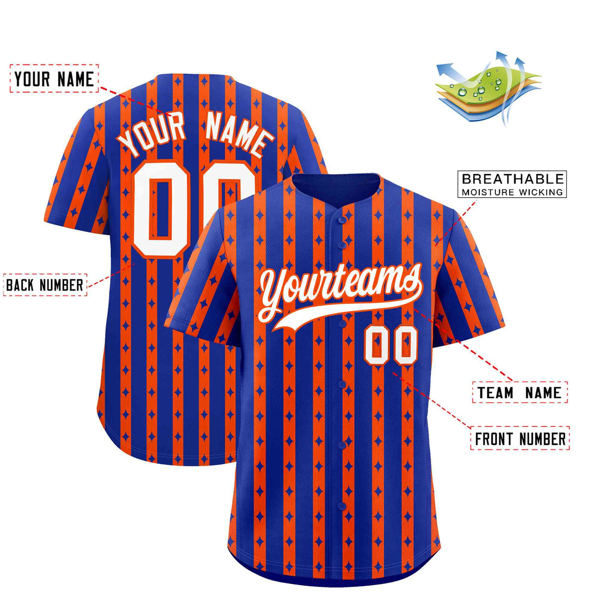 Custom Royal Blue Orange Star Pattern Thick Stripes Baseball Jersey